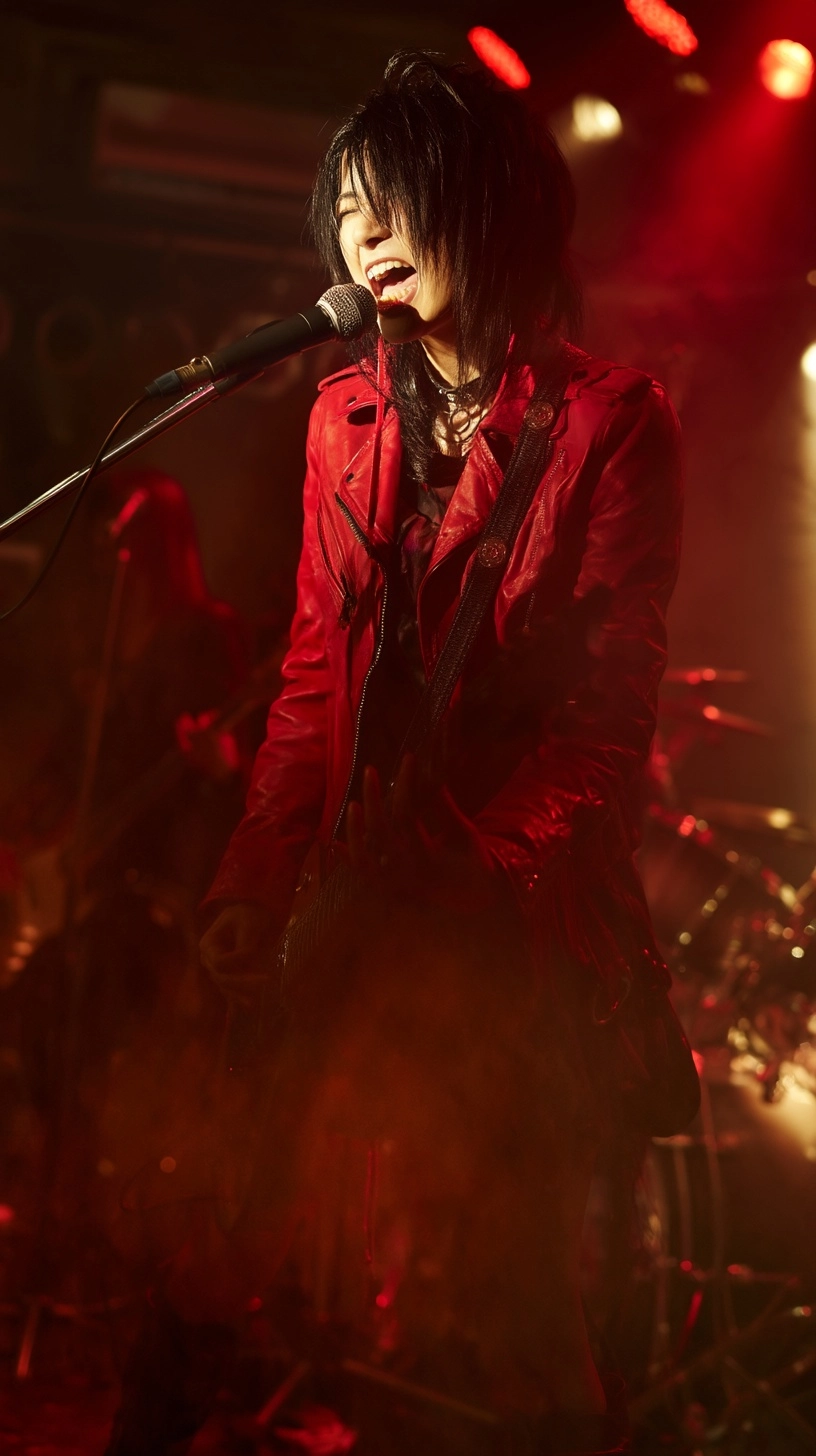 Realistic live music photograph of a young Japanese female hard rock guitarist-vocalist performing o