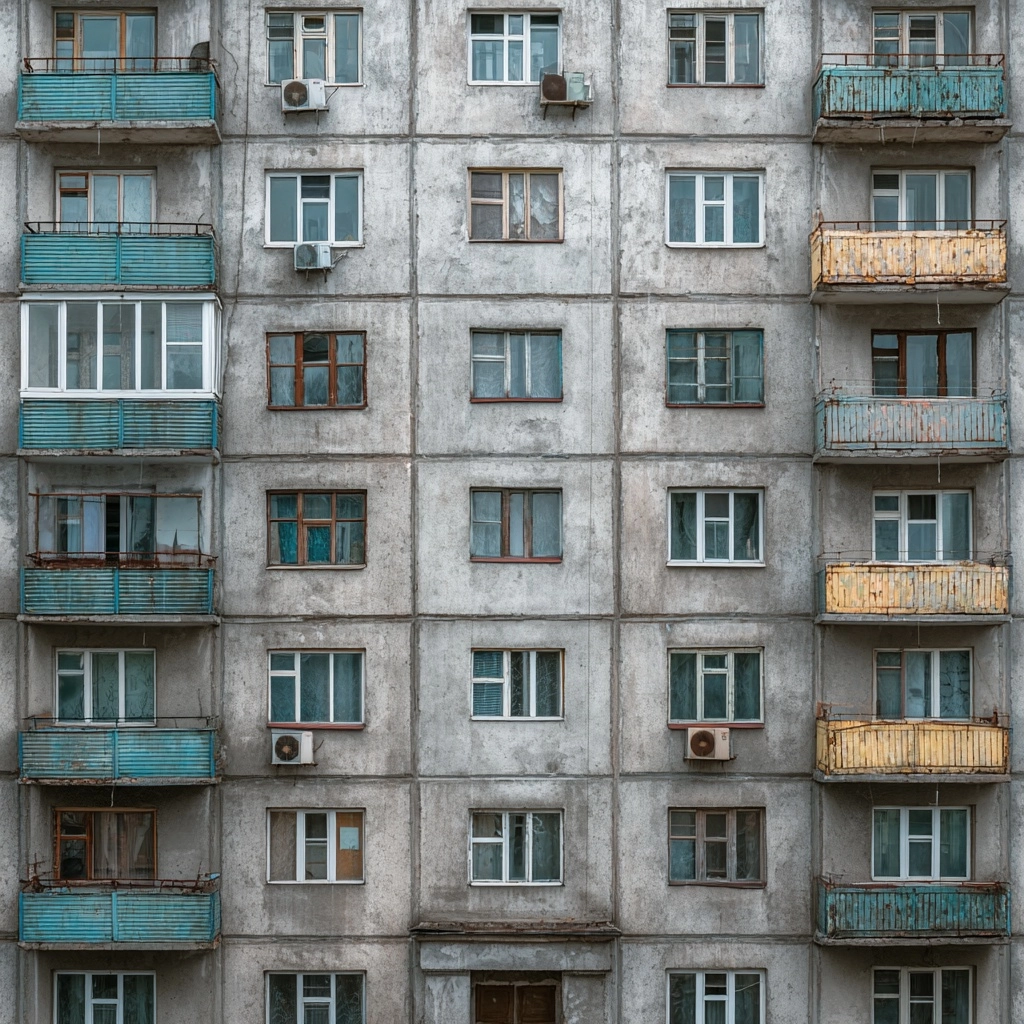 Soviet concrete panel block house facade wall texture with balconies and windows