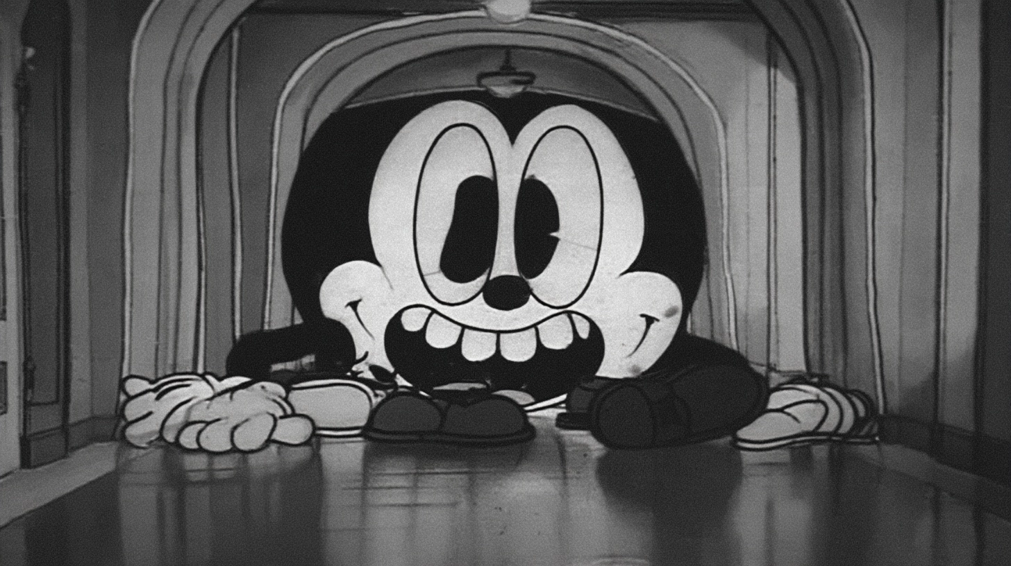 Surreal giant cartoon character in 1920s rubber hose style, massive scale distortion