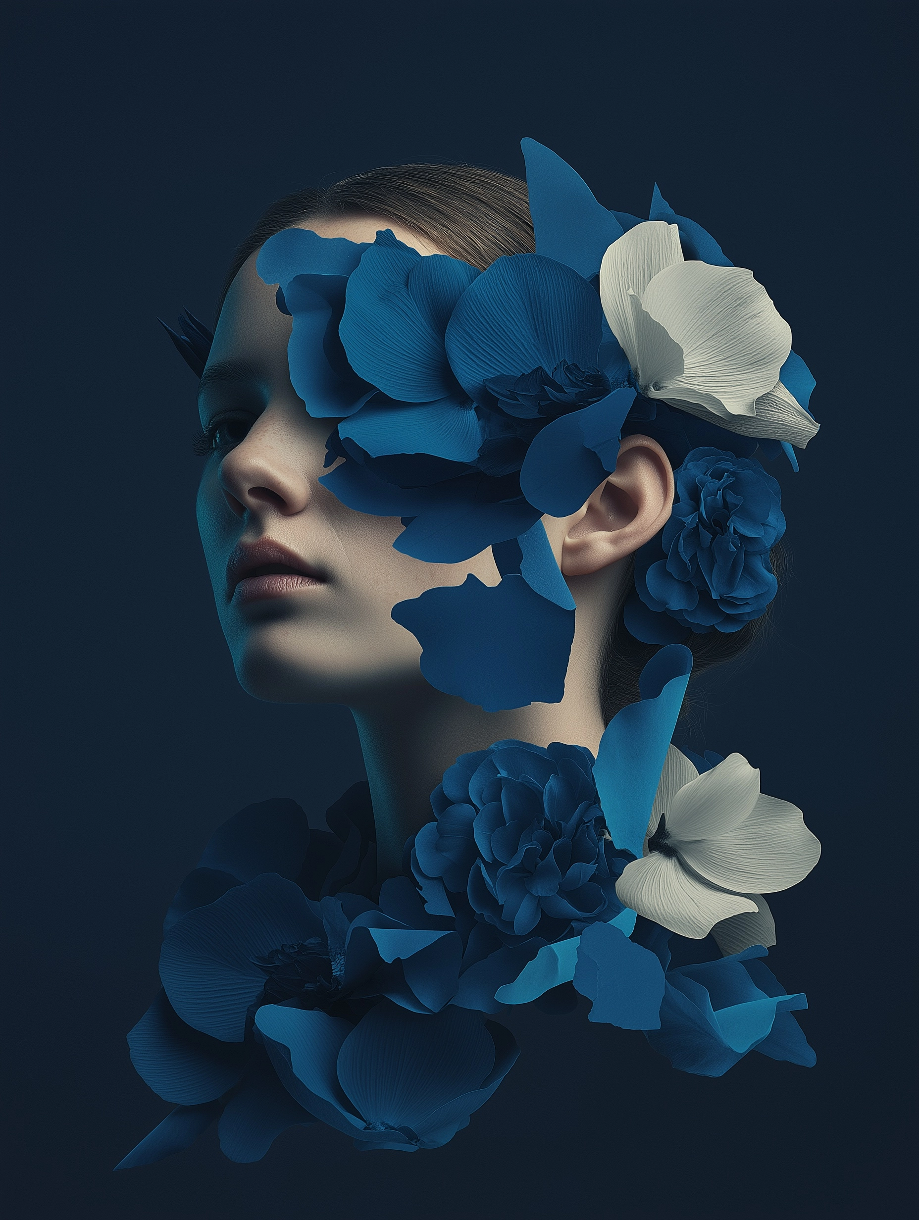 SUBJECT: female face, fragmented collage composition, layered elements ACTION: portrait gaze