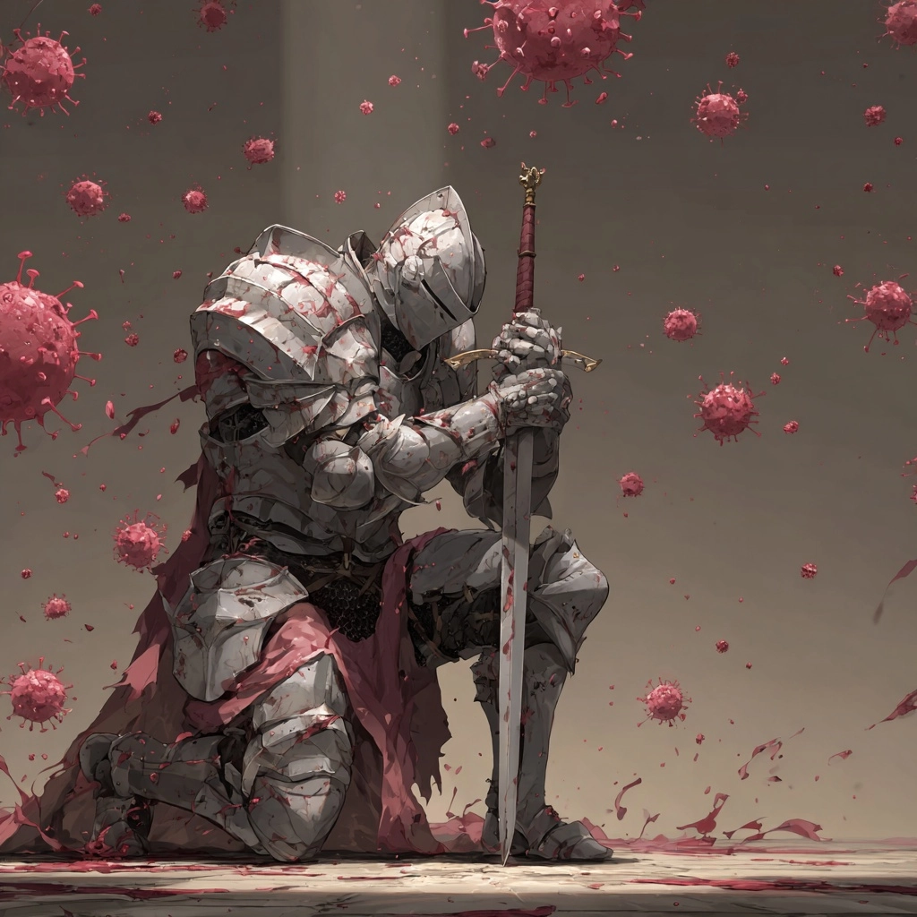 A holy knight clad in full plate armor stands before us. He was strong