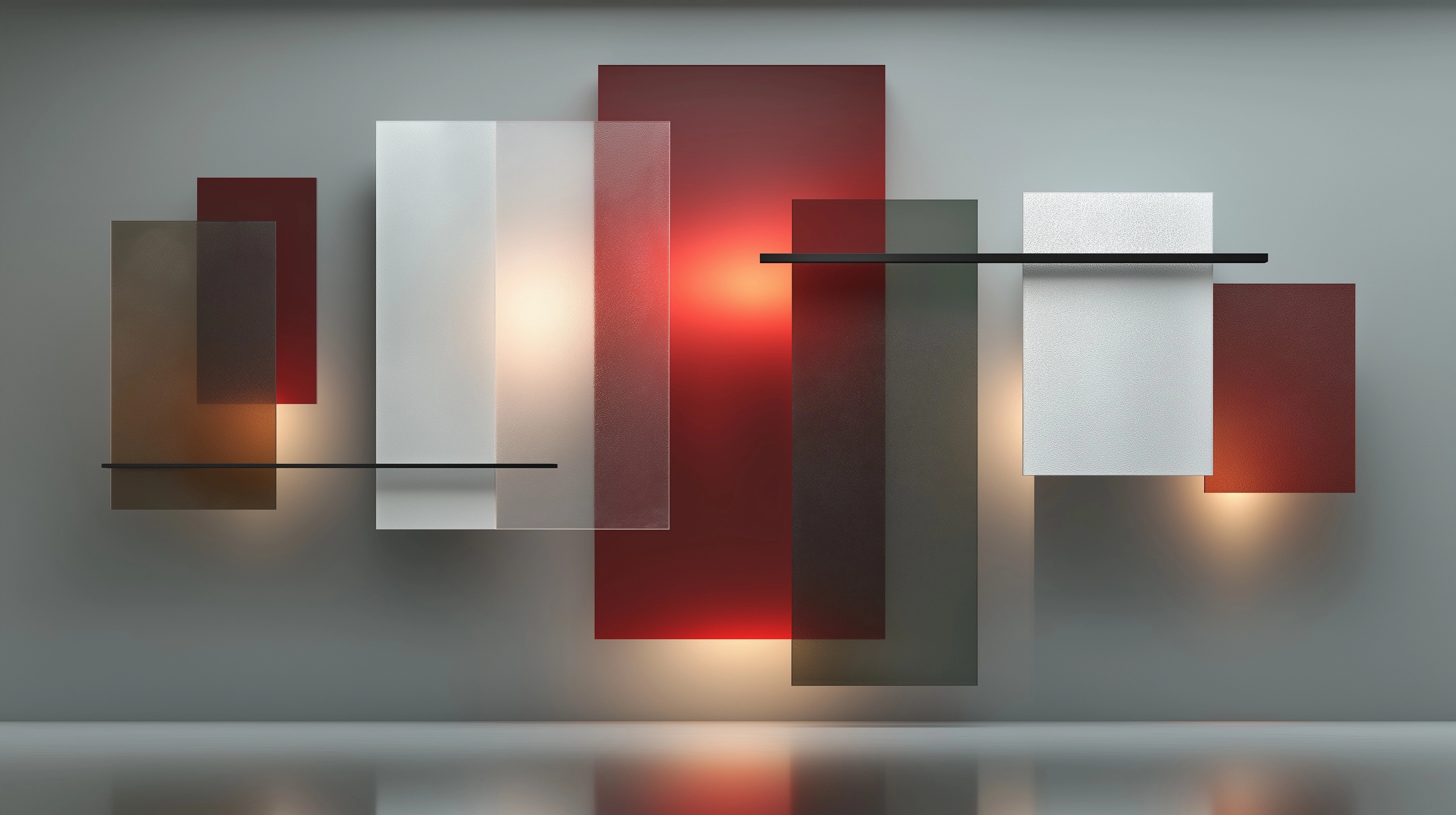 Abstract luxury installation, overlapping floating panels, red translucent layers