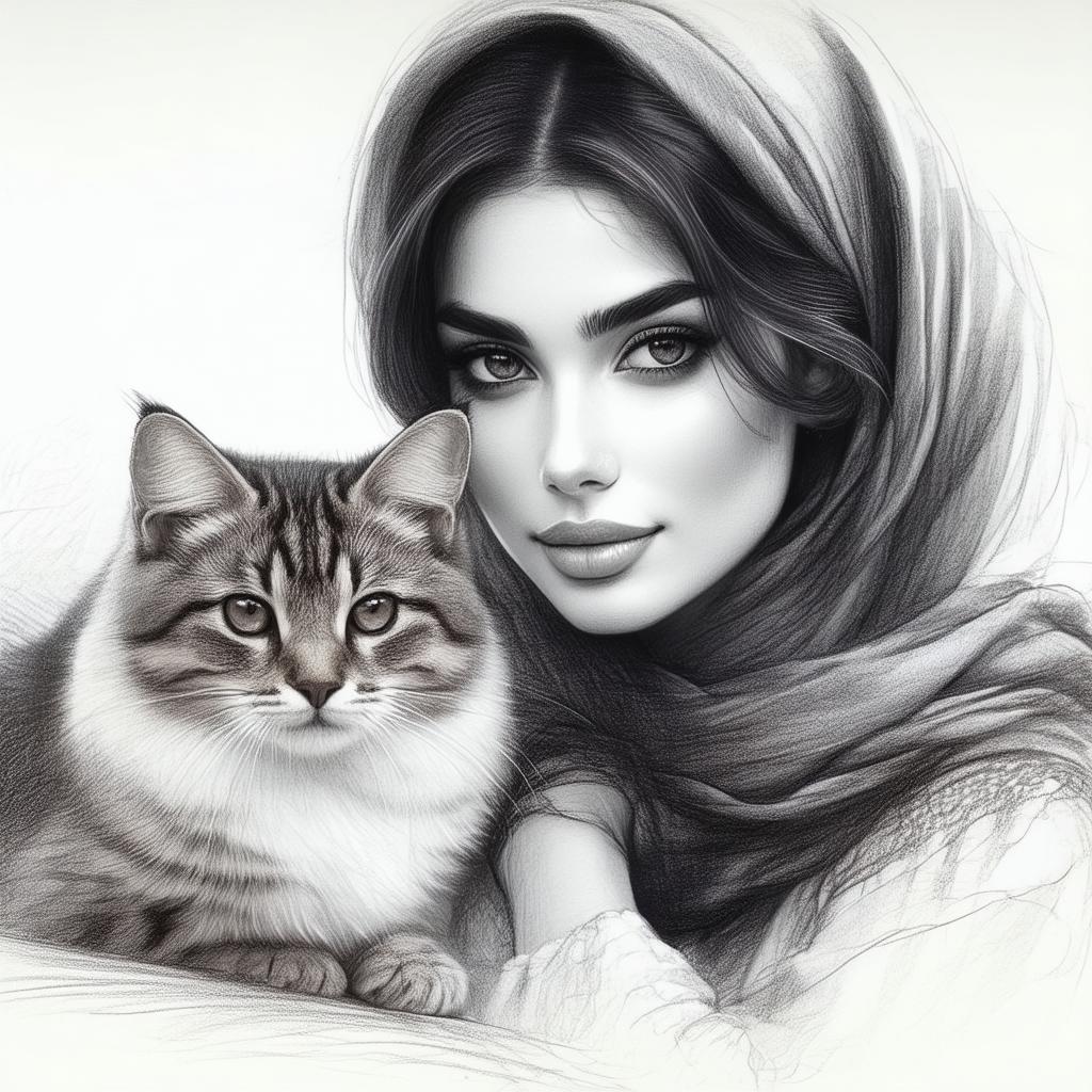 Turkish Woman and Cat in Gentle Graphite
