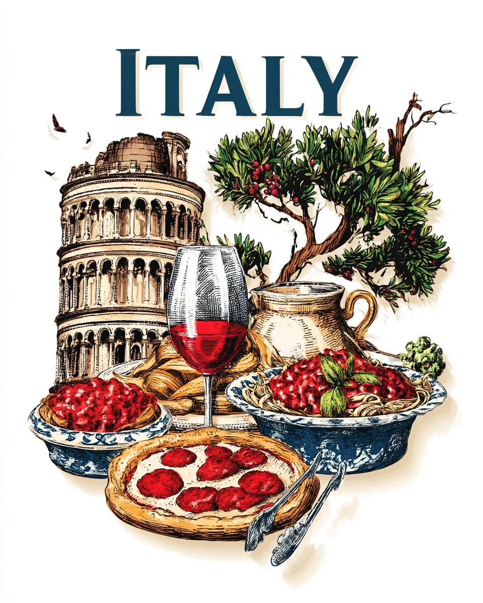 Vintage souvenir poster on pure white background. Large ITALY headline at top center. Under it