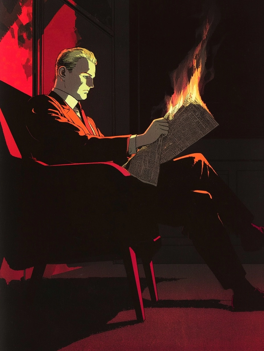 Katsuhiro otomo illustration, a british man with slicked back blonde hair sitting in a chair reading