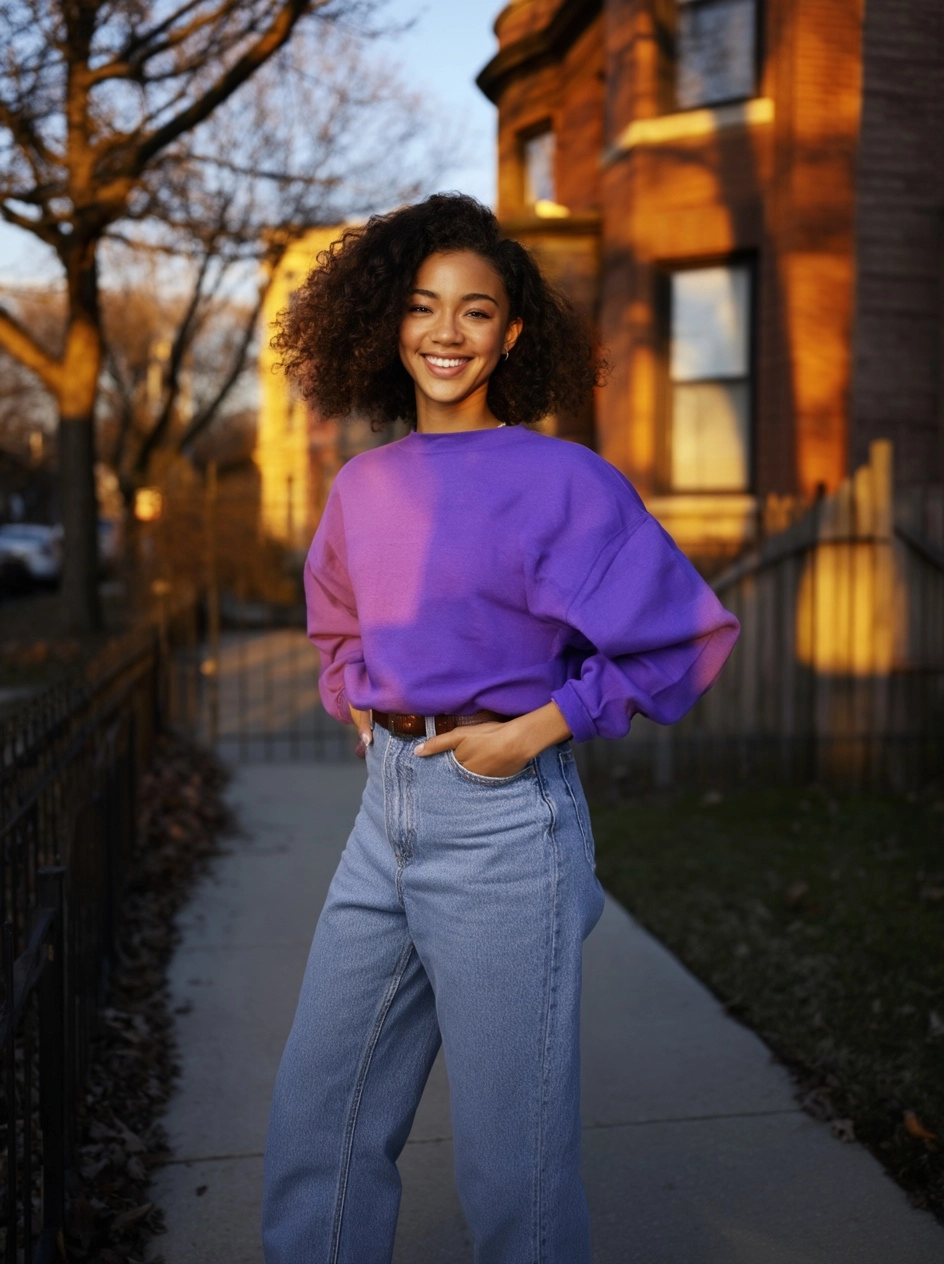 A professional full body photo of an attractive african american woman wearing jeans and purple crew
