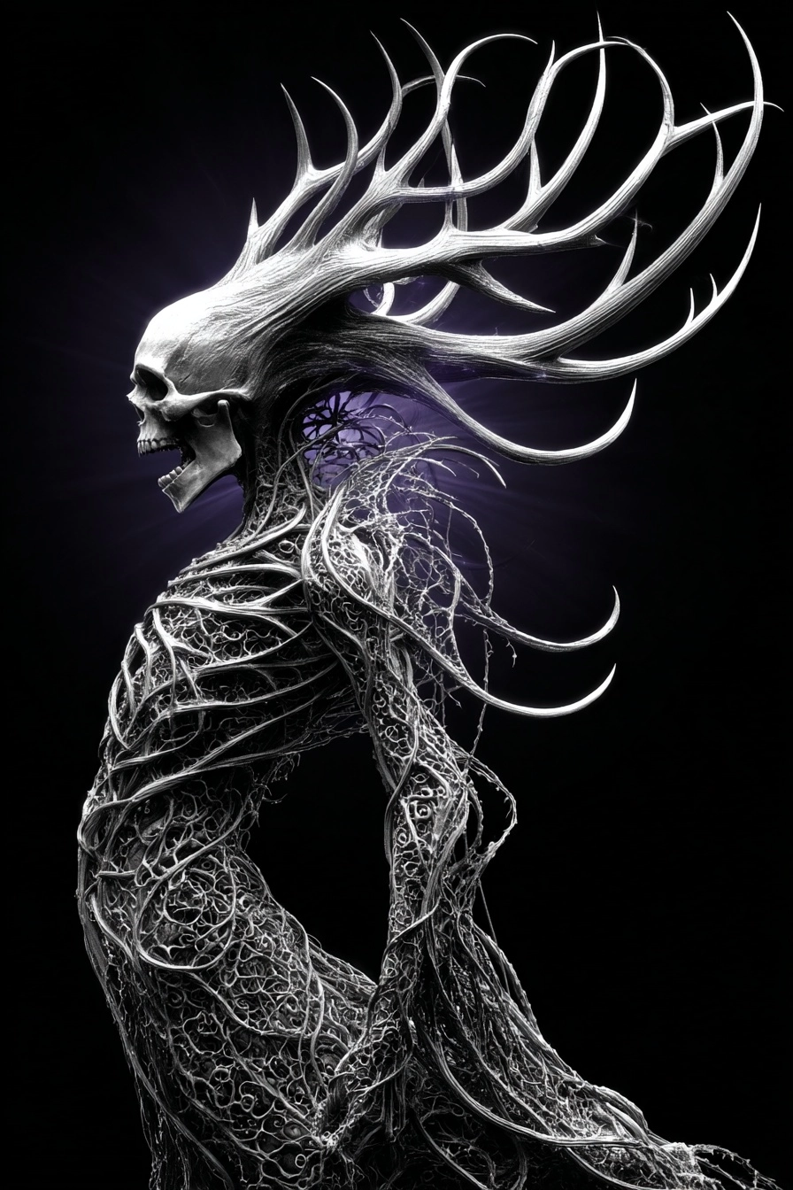 A purple grim reaper with antler growing out of the ground twisted in vines and roots
