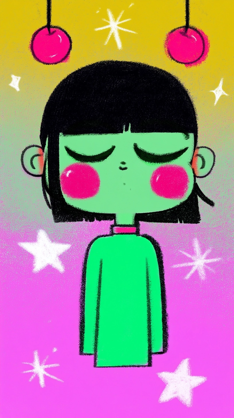 A quirky and whimsical illustration in the style of pop surrealism and naive art. A cute girl with c