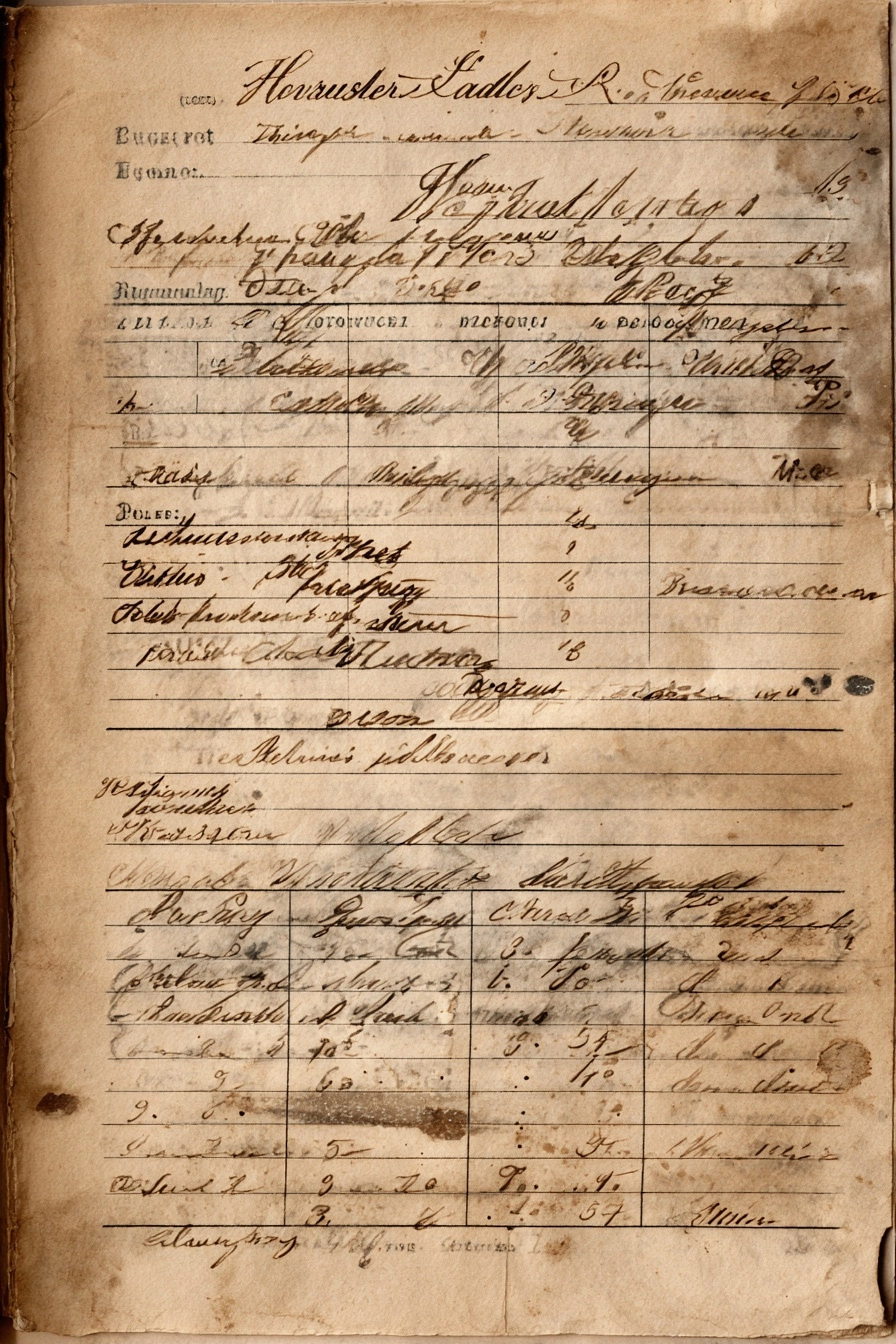 A realistic antique housekeeper ledger page, photographed from above