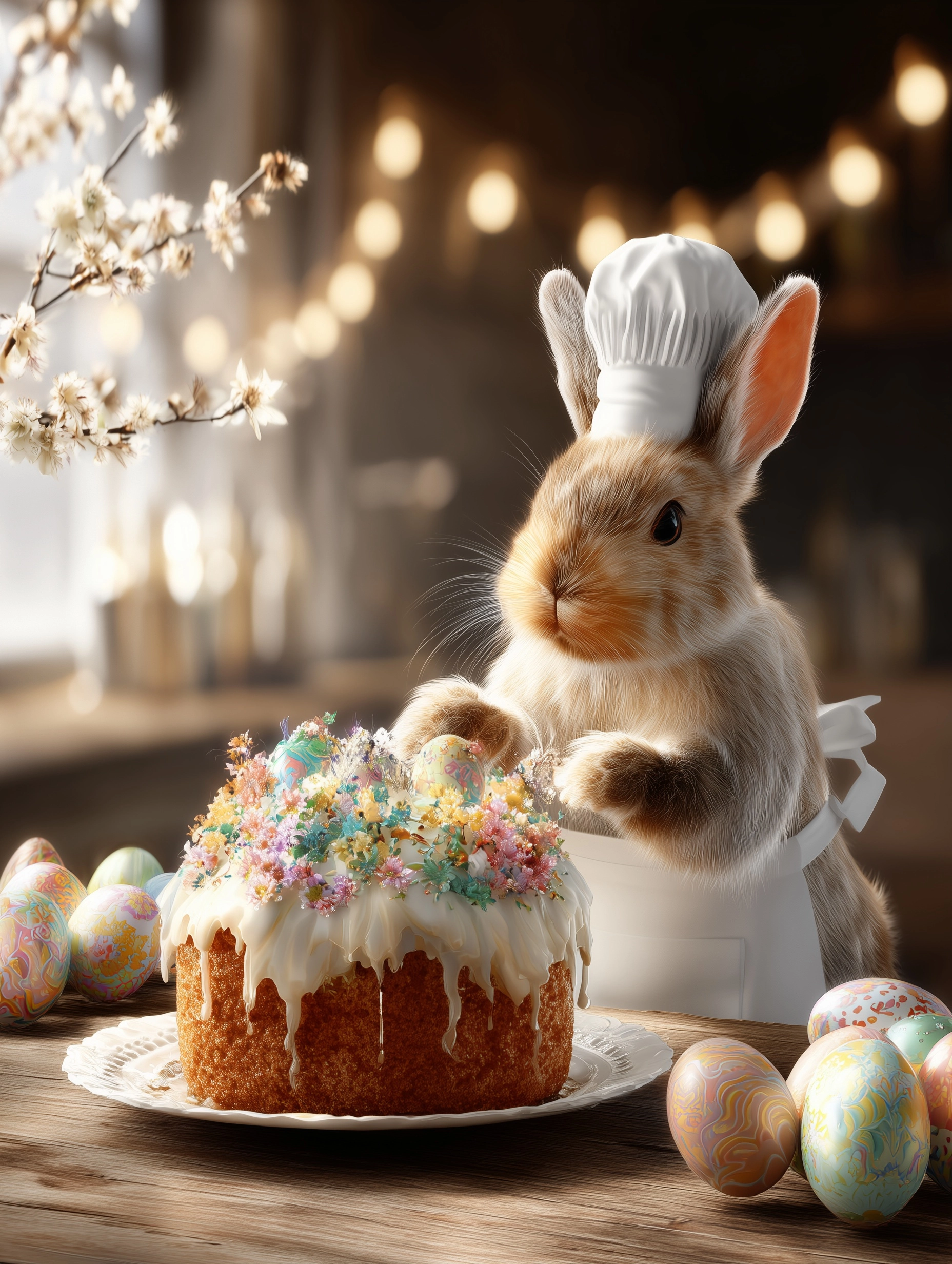 A realistic, detailed illustration of a cute bunny dressed as a chef