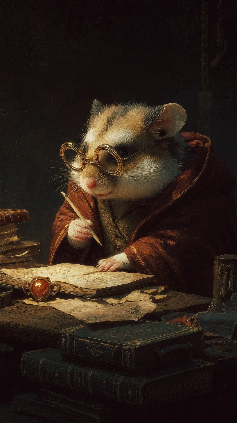 A realistic illustration of an anthropomorphic hamster wearing glasses studying at a tiny desk. conc