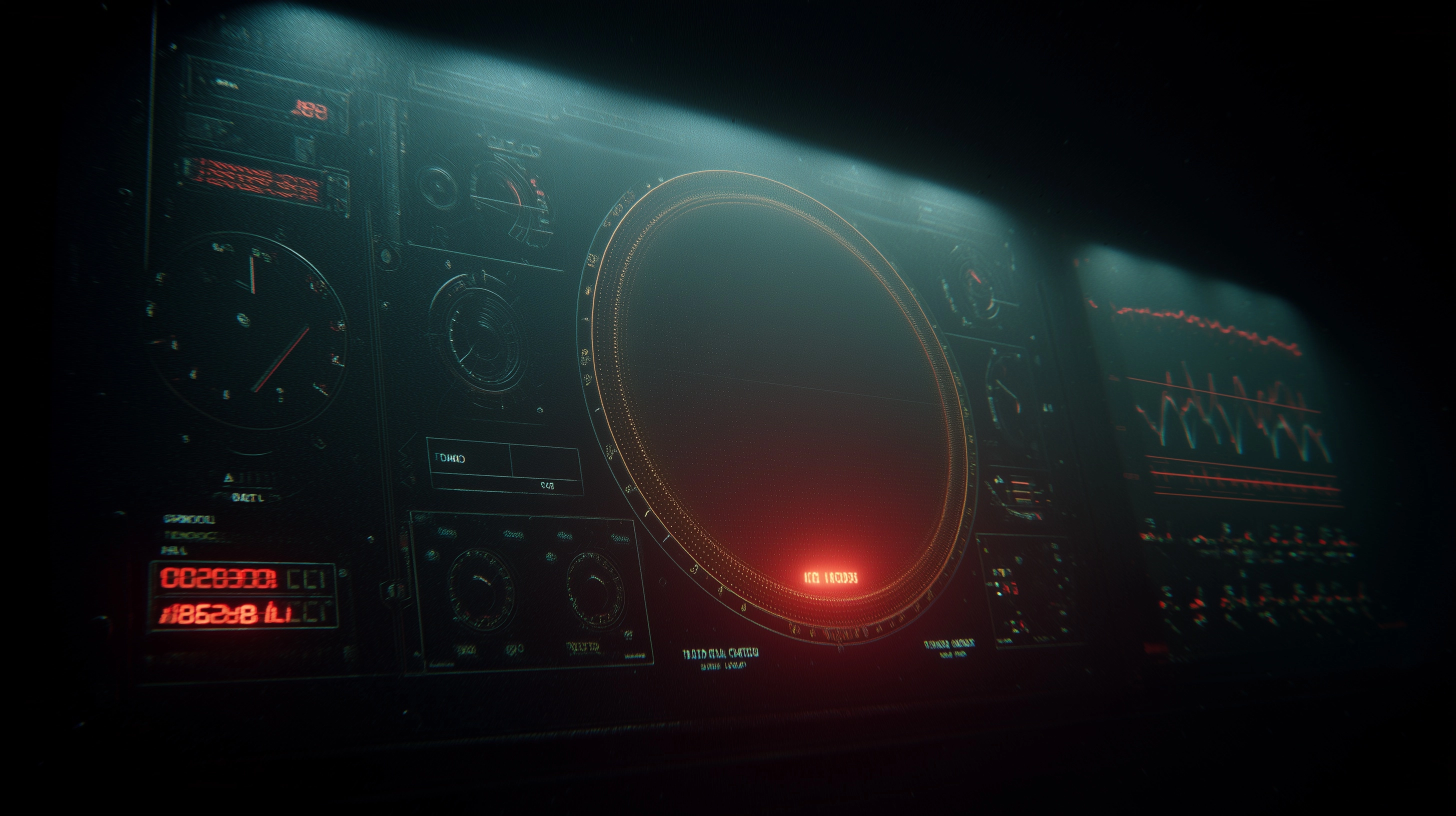 Extreme close-up of a realistic aerospace radar monitor in a darkened control room