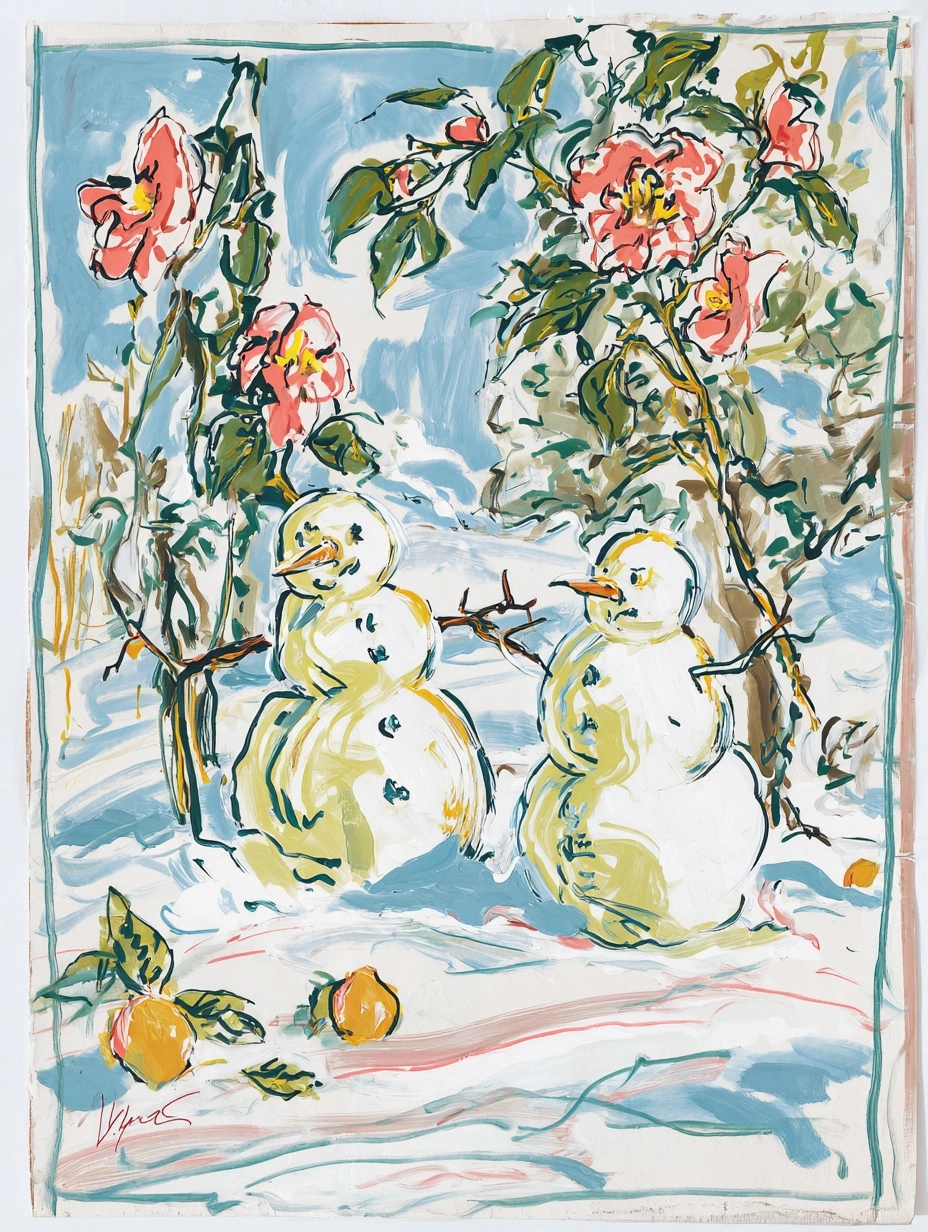 A refined oil painting of two snowmen standing under a camellia tree in winter