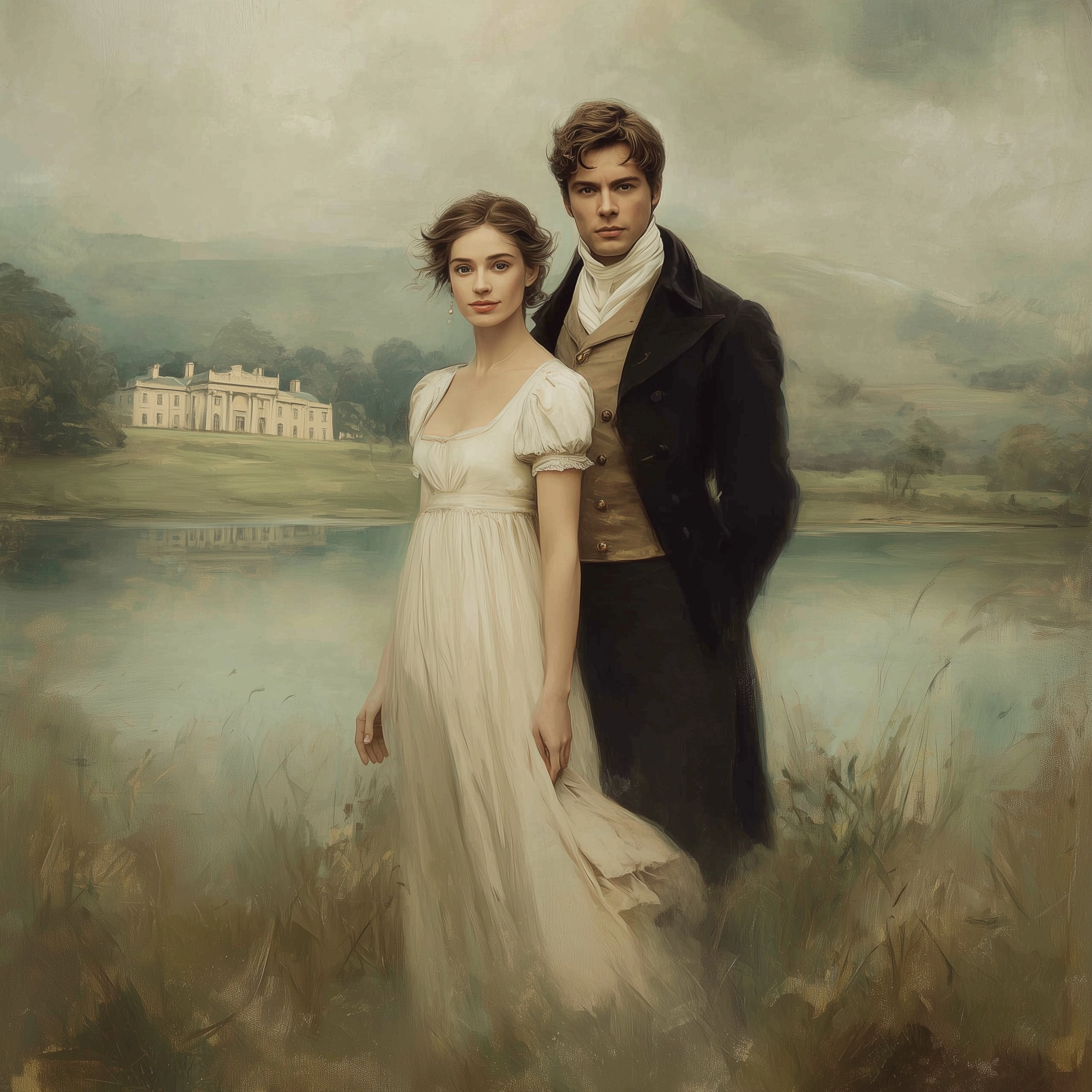A romantic illustration inspired by Regency-era England featuring a refined couple reminiscent of El