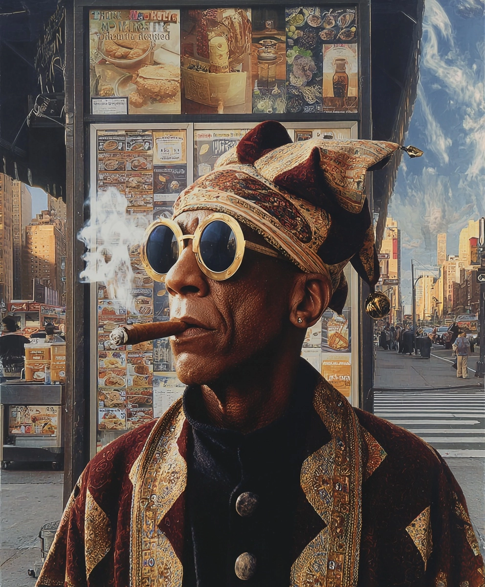 Mad jester, durag, hip hop cloths, raybans, cigar, sci fi city street corner, food kiosk