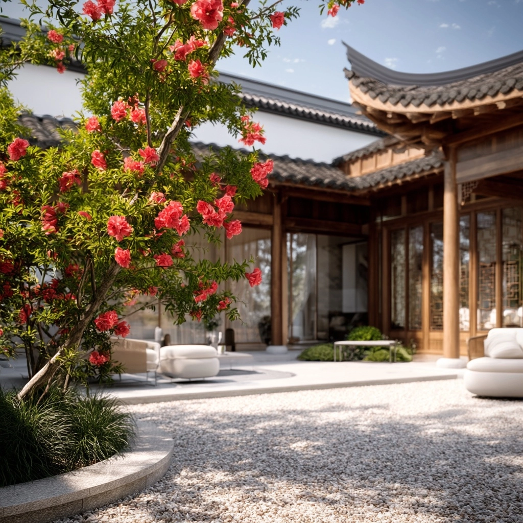 A modern Chinese courtyard scene, with a pomegranate tree on the left and vibrant coral red pomegran