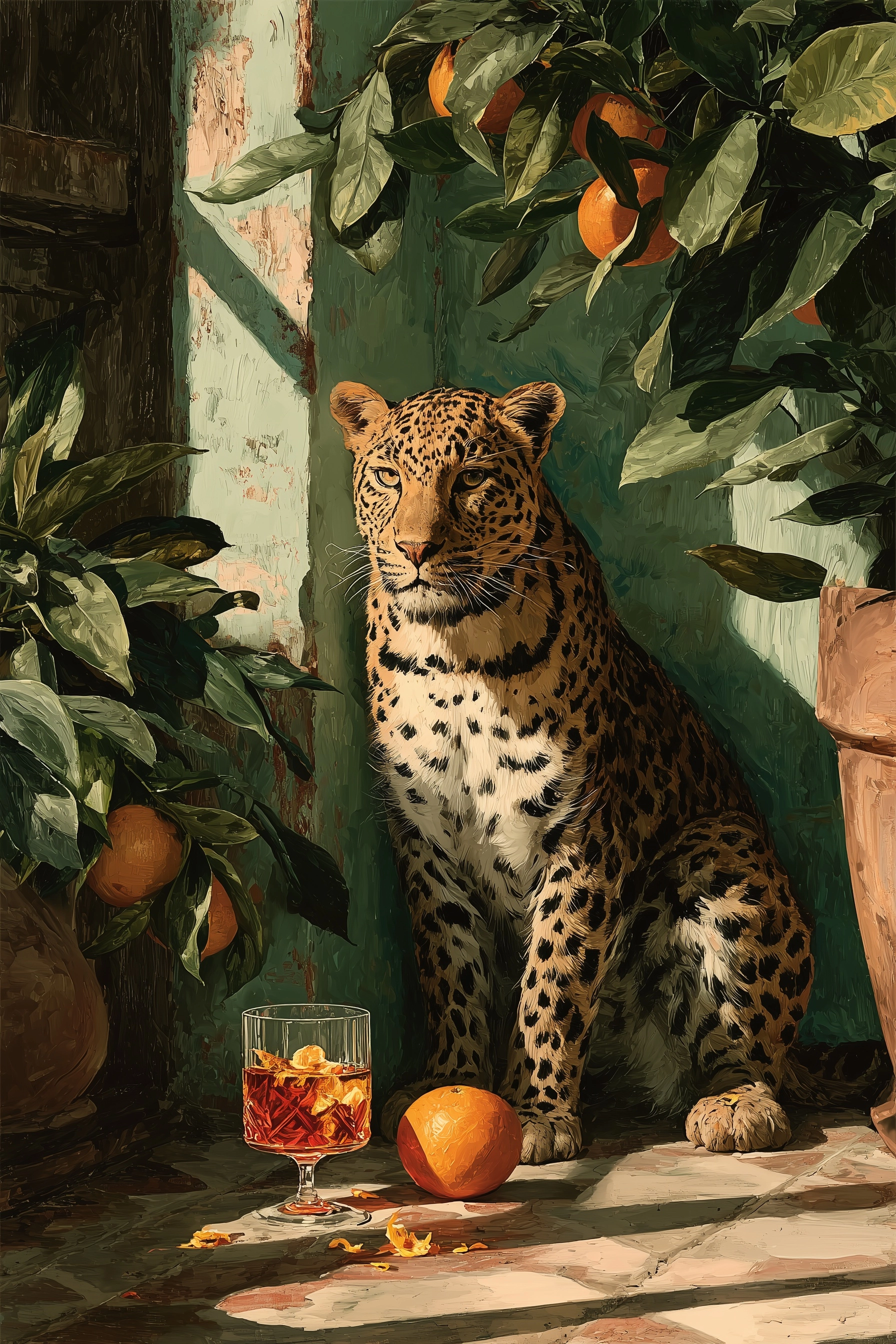 A sleek seated leopard in a rustic Mediterranean interior, directly facing viewer