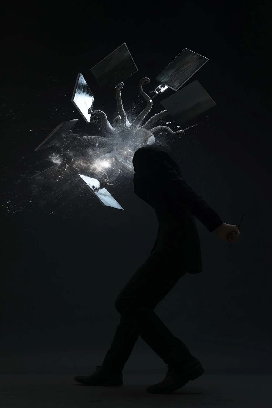 A mysterious, surreal cinematic scene depicting the archetype of the artist