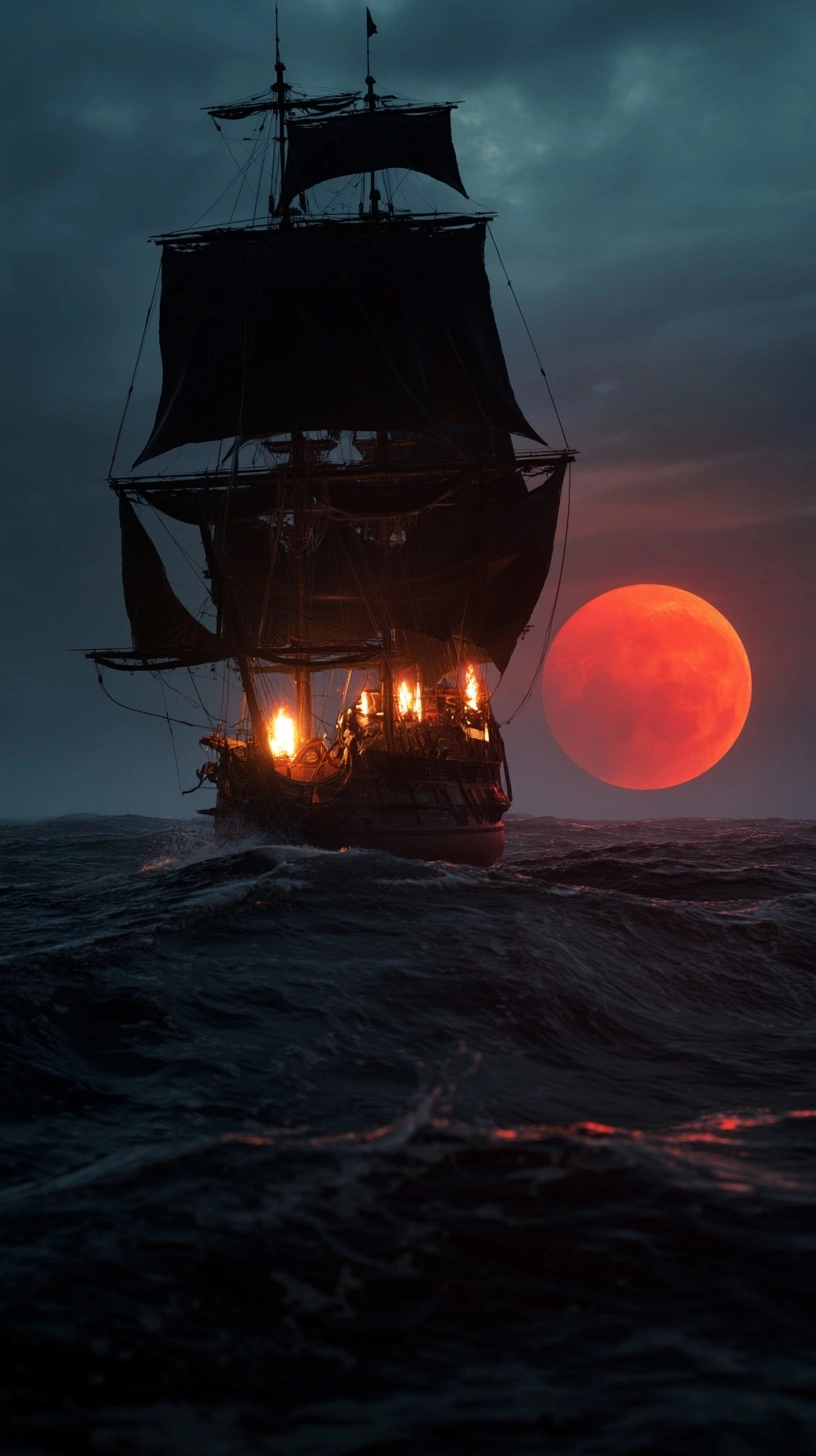 Large pirate ship, black sails, torches on deck, distant view, stormy sea, large red full moon
