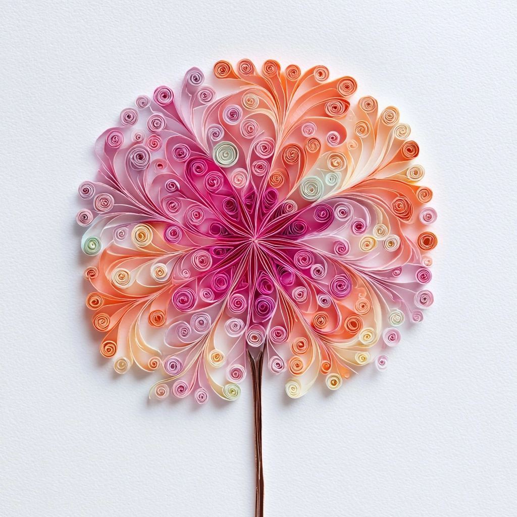A strict orthographic flat-lay projection visualization as a highly-detailed 2D quilled paper art (p