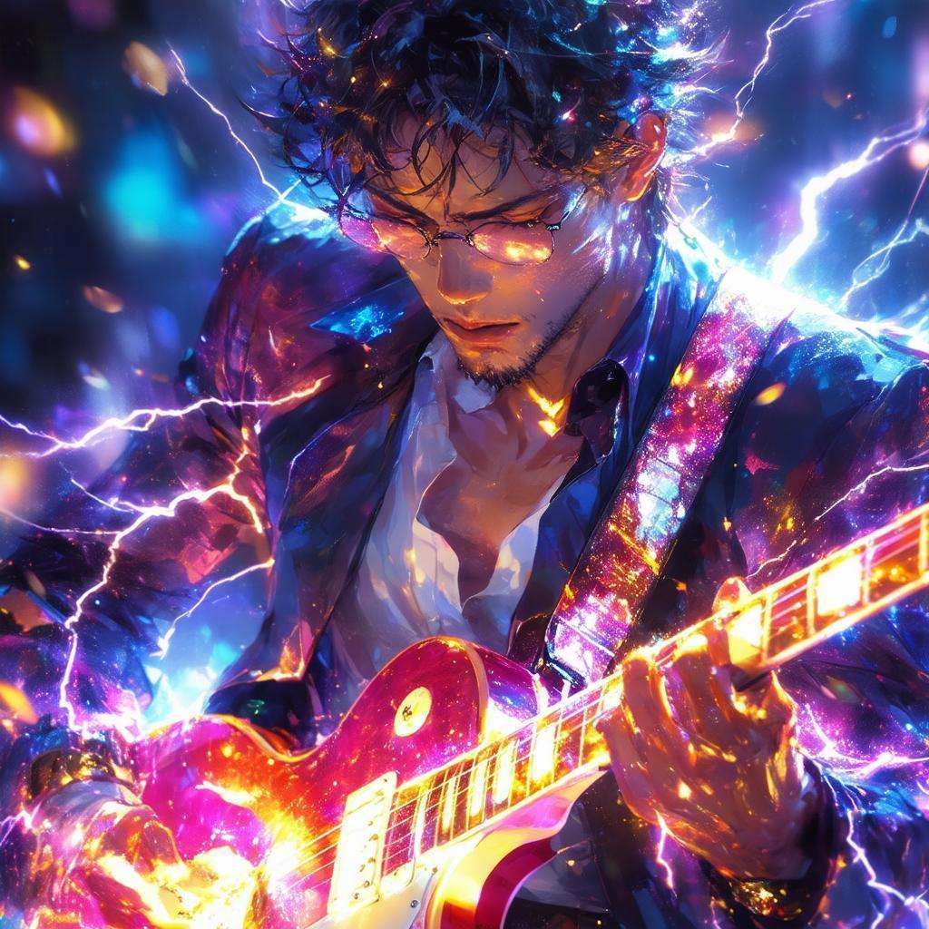 Manga Guitarist Unleashing Bolts of Electricity
