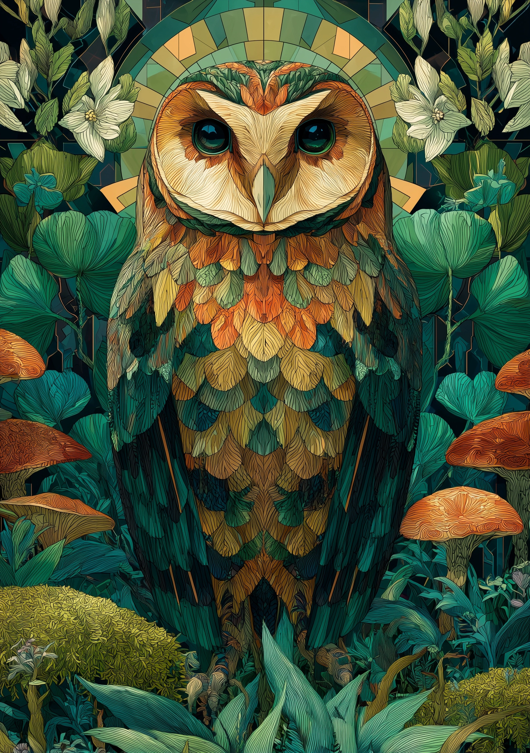 A striking close-up anime-inspired image of an owl looking directly at the camera