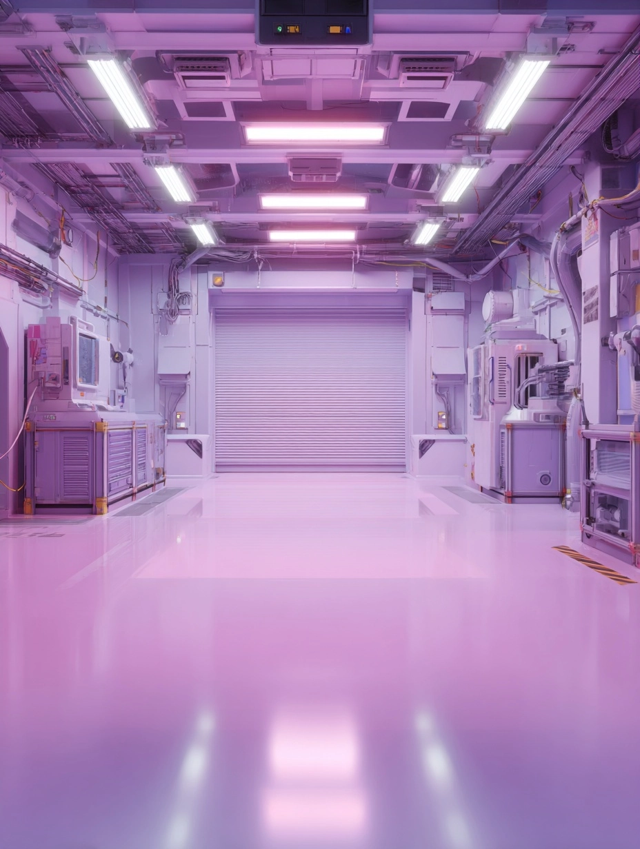 A studio featuring a solid-colour background and a cyberpunk macaron colour scheme; a mechanical sci