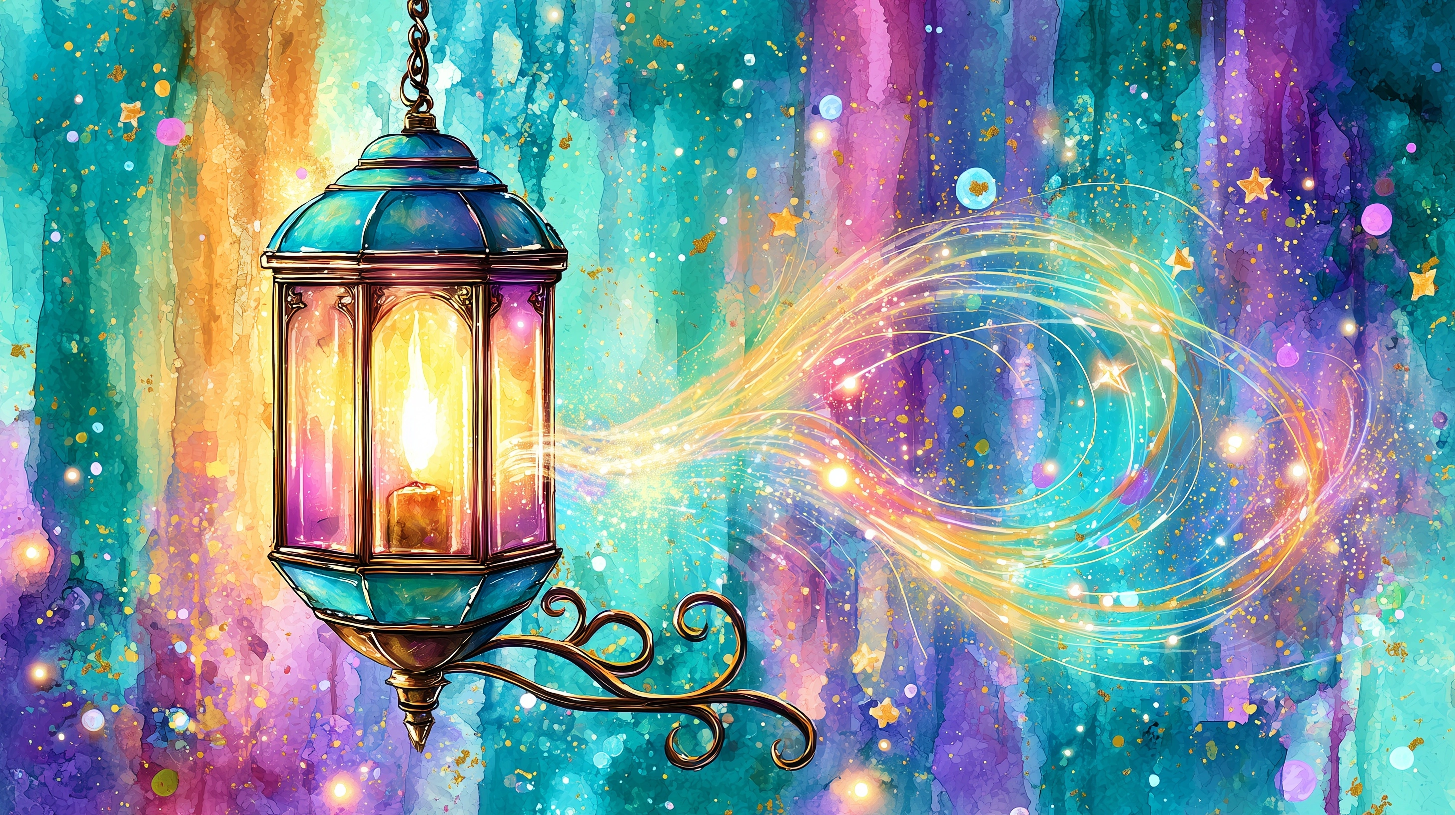 A super whimsical cartoon-style digital illustration of an adorable vintage hanging lantern with glo