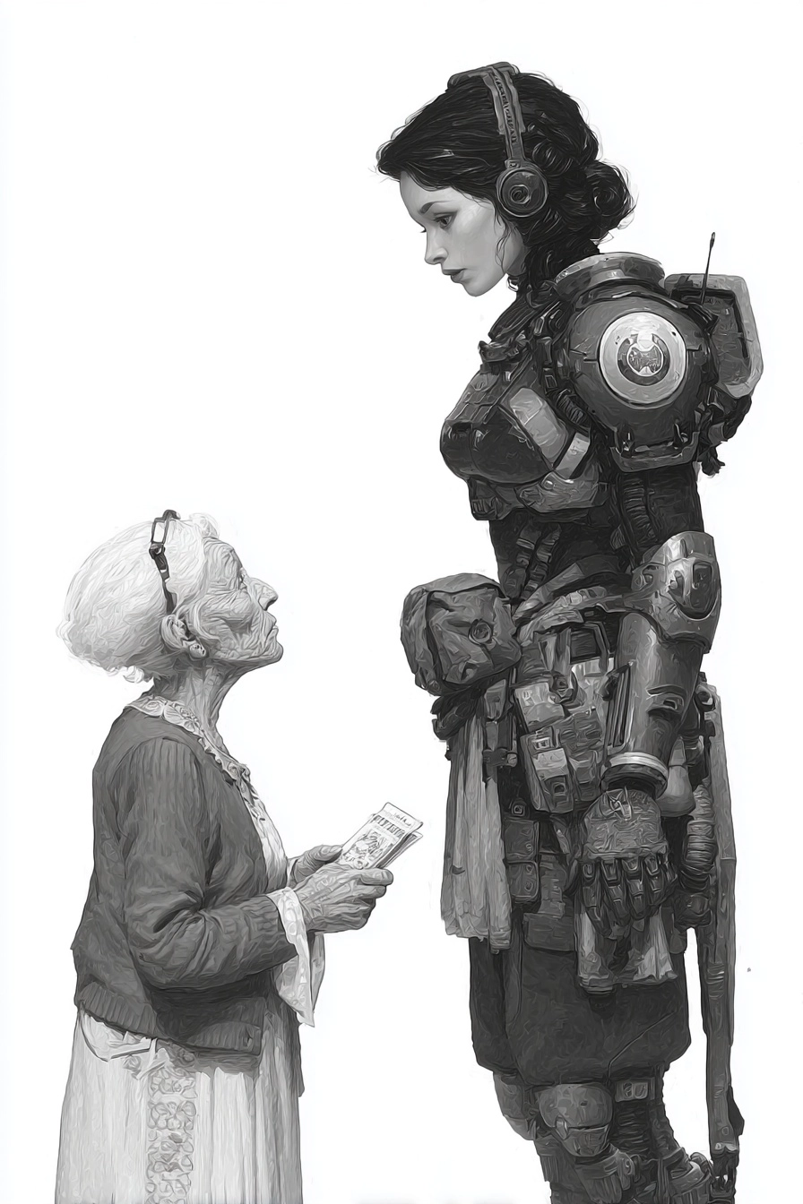 A tall dark-haired woman in light space armor stares down at a little old silver-haired lady librari