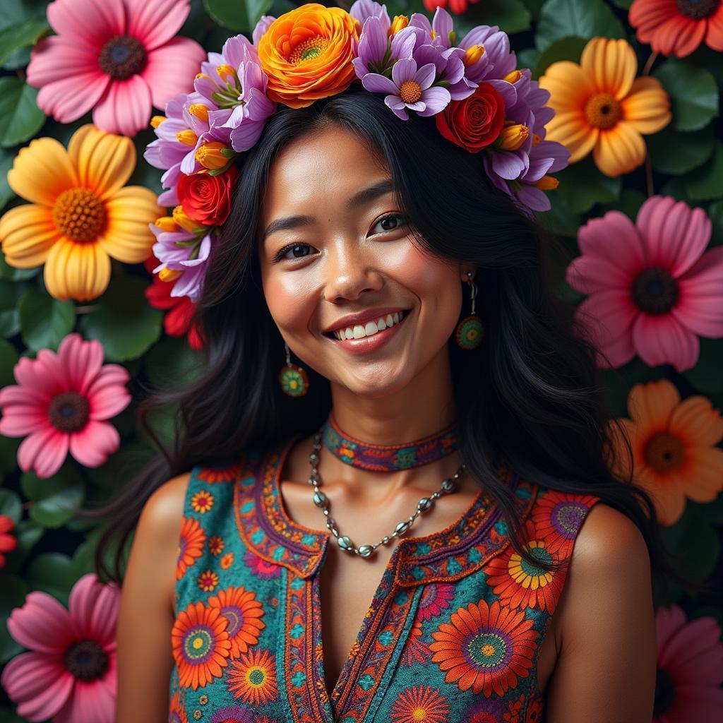 Chullachaqui Portrait Among Vibrant Saturated Flowers