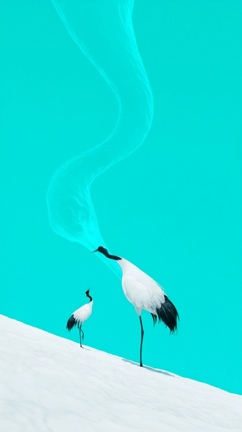 A tiny delicate black-necked crane standing on a white snowy slope