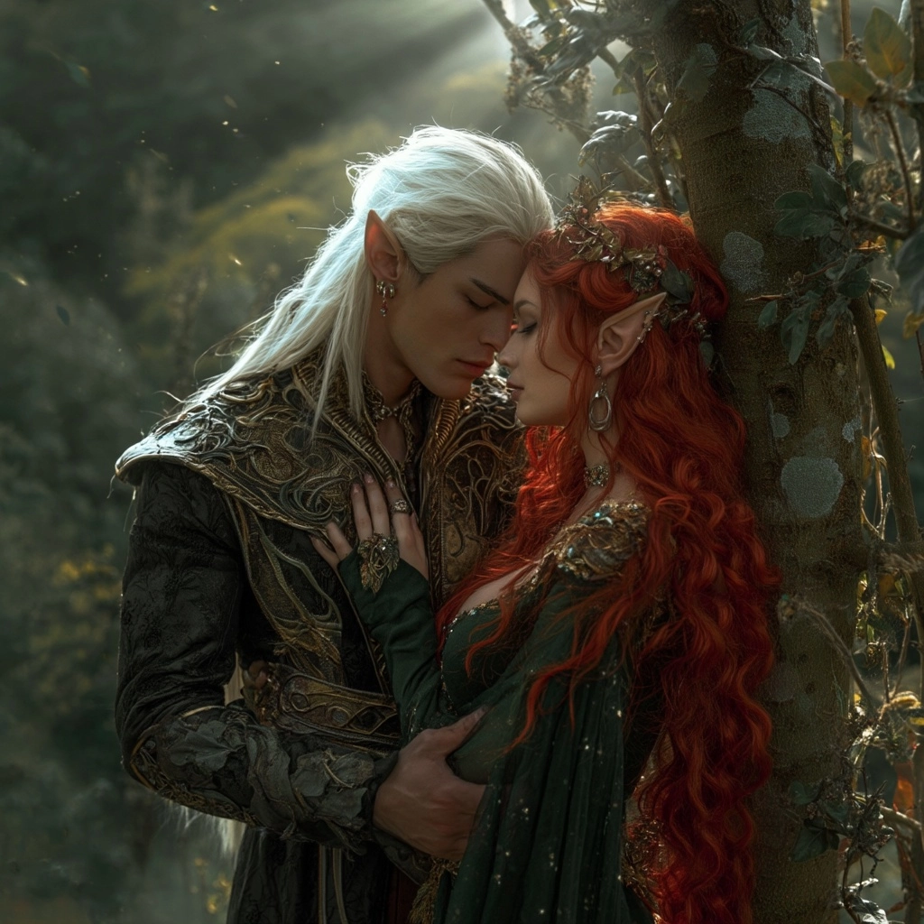 A white haired Male Elven prince leans into a Red haired Elf woman whoes got her back against a tree
