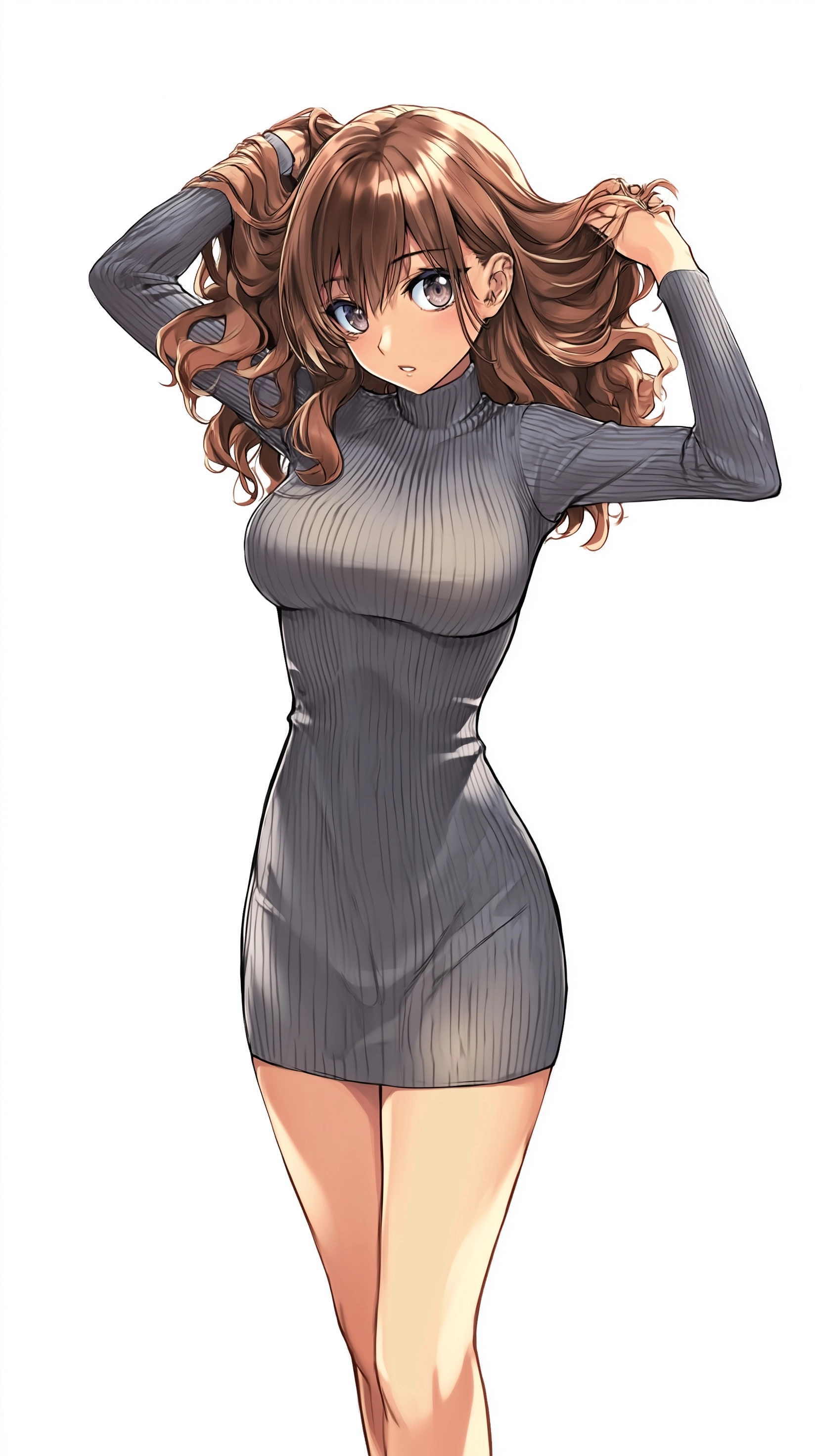 A woman wearing gray skinny body dress with turtle neck with brown wavy hair