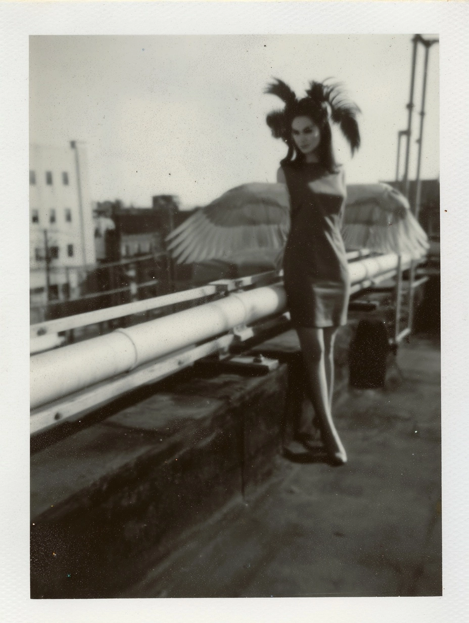 A woman with bird feathers instead of hair and wings instead of arms looking down from a rooftop at