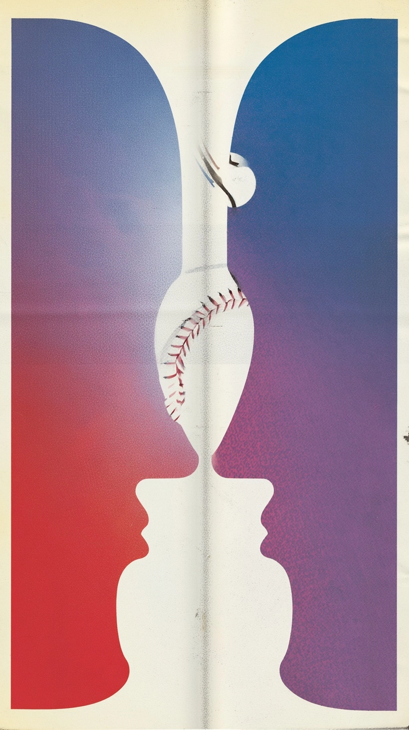 Abstract baseball matchup composition, two opposing sides facing each other