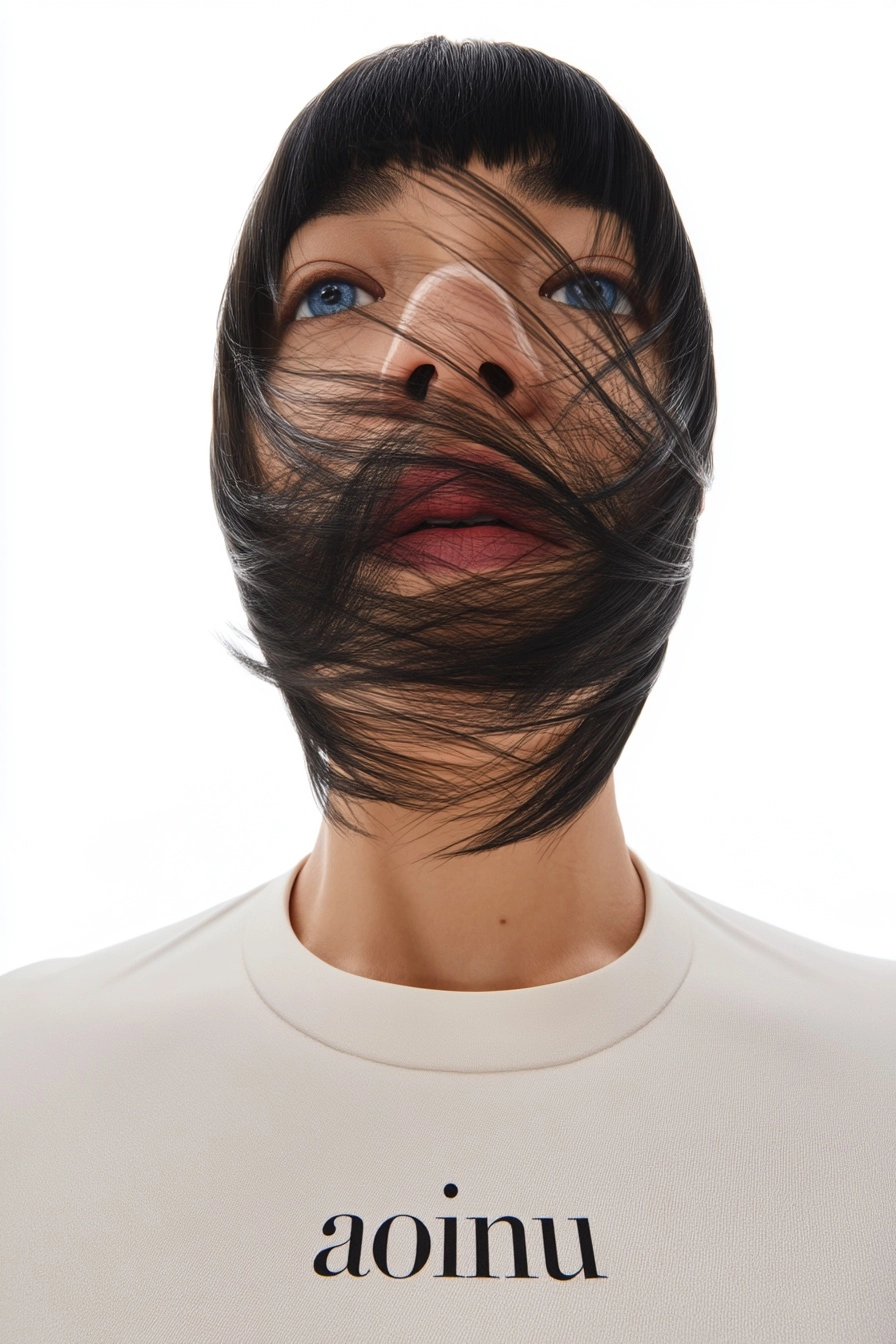 A bird’s-eye view of a cute, blue-eyed Asian woman with black hair staring directly at the camera ag