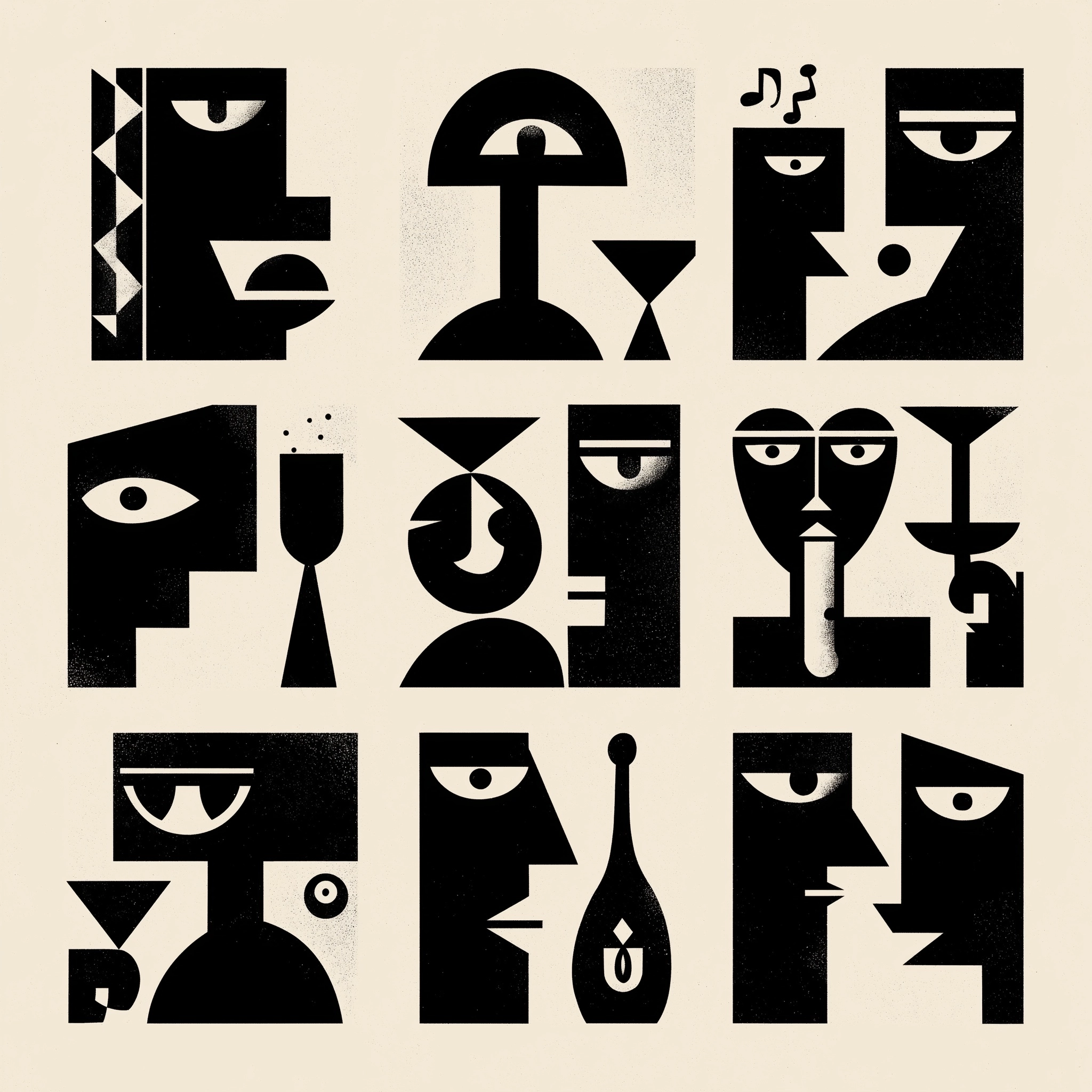 Abstract geometric character and icon set, bold black shapes on warm off-white background