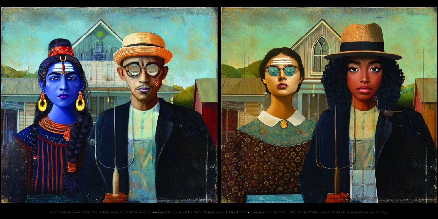 American Gothic" shiva and parvati in modern american clothing, with a different perspective