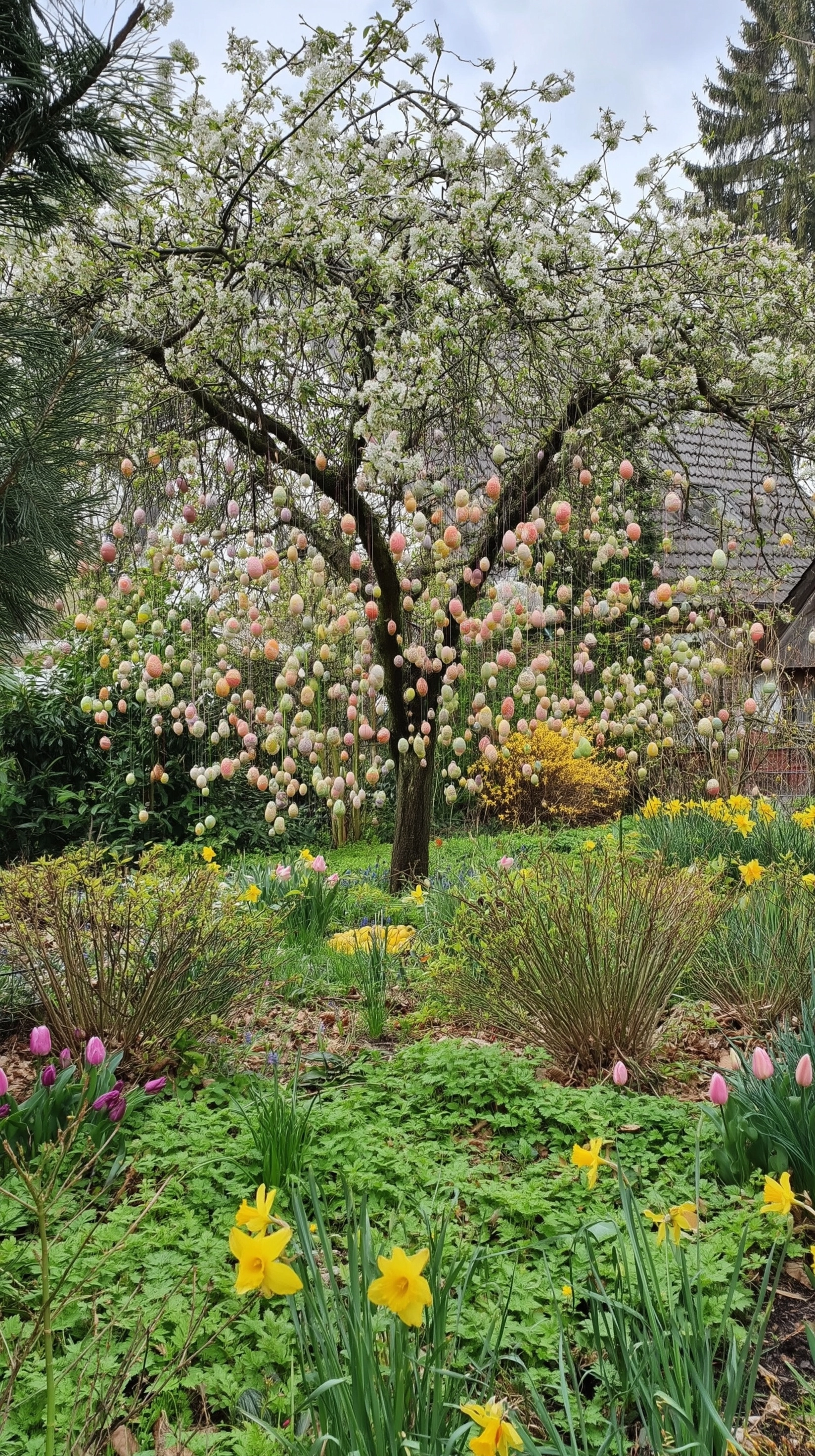 Photo of a German garden, a tree in middle hanging full with a lot thousand many many Easter eggs