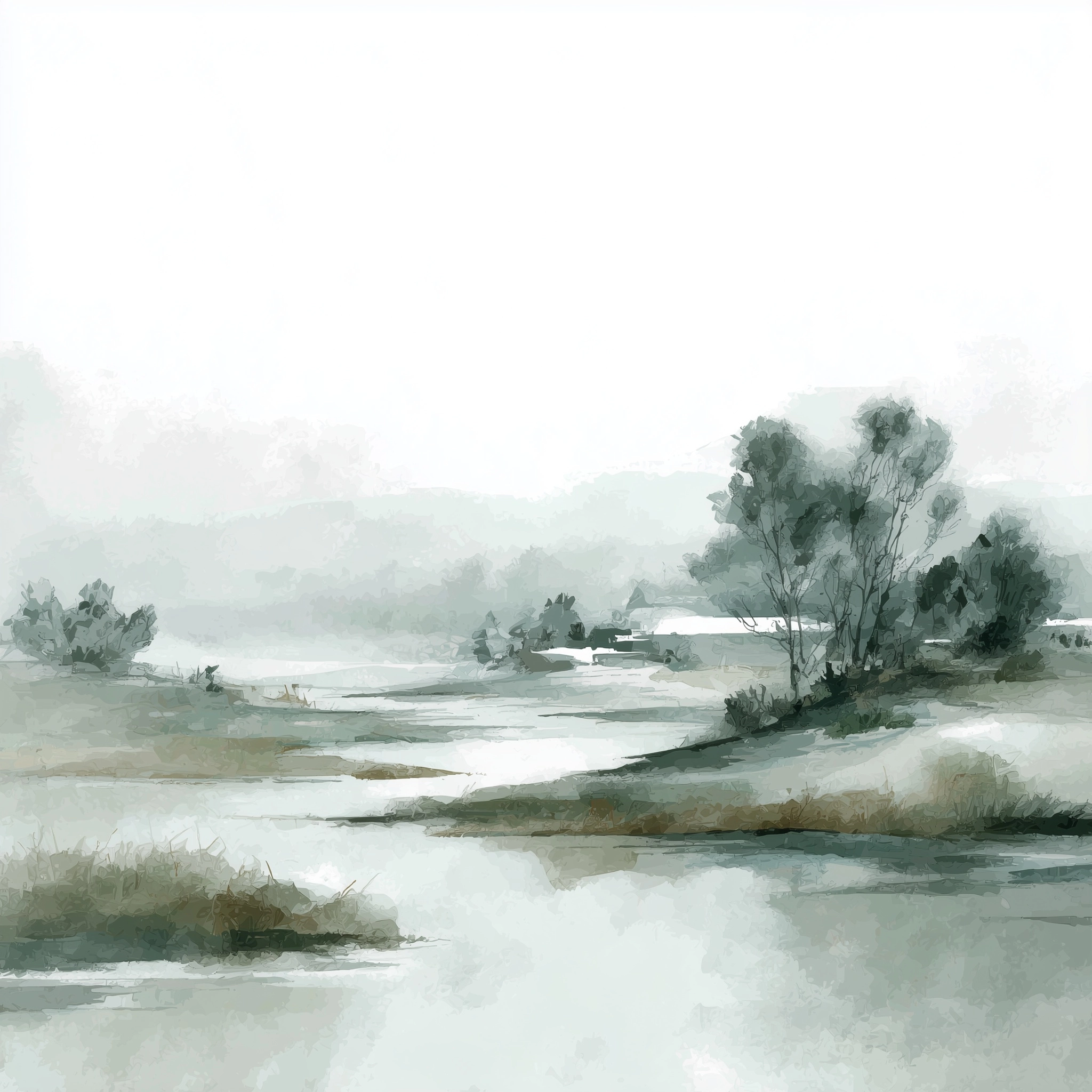 Watercolor, muted green and gray landscape, white background, neutral soft color palette.