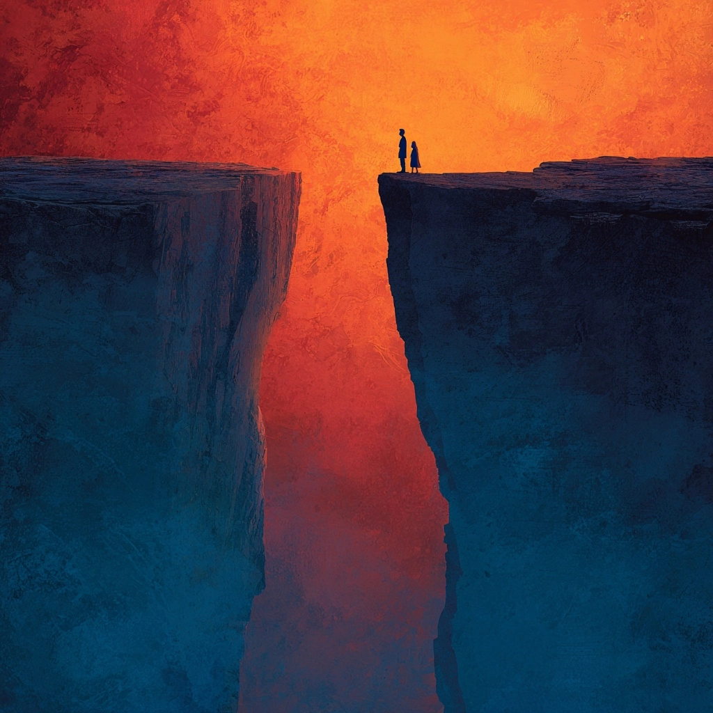 An emotional cinematic artwork of two people standing on either side of a divided canyon