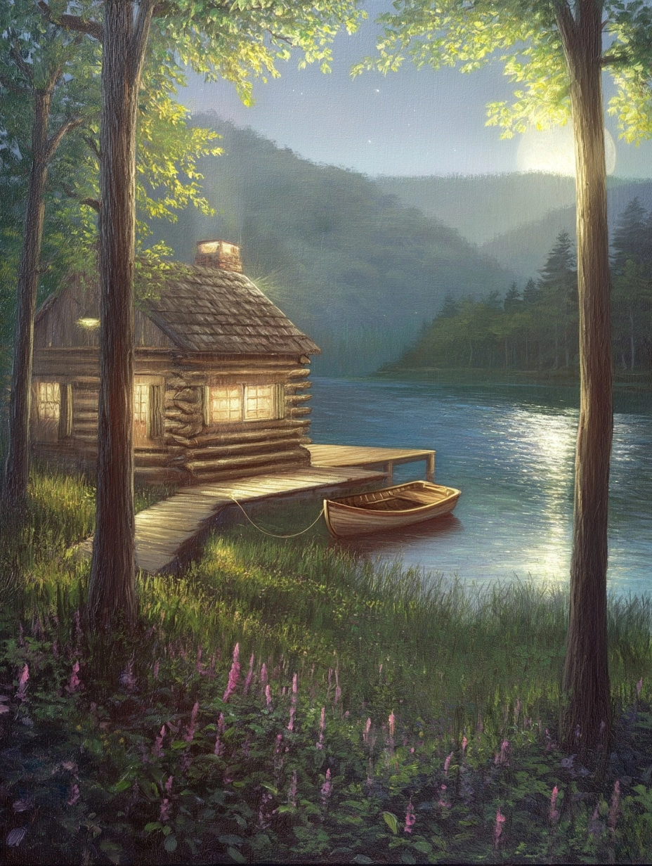 An oil painting A cozy log cabin by the river at dusk. The cabin is rustic in style with lighted win