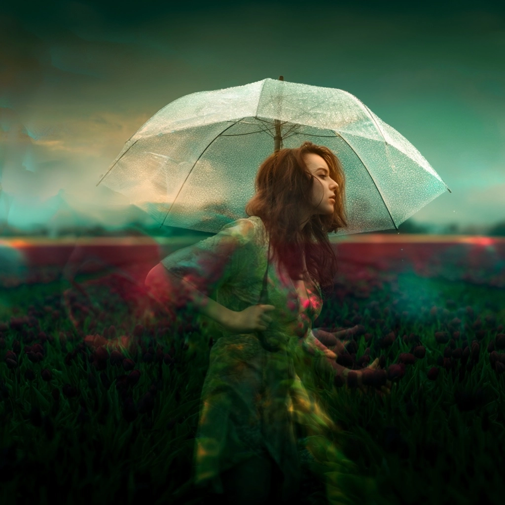 An ultra-photorealistic whimsical double exposure image of a beautiful woman enjoy a rainy spring da