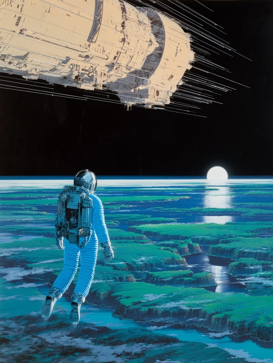 Astronaut floating high in the air far above an expansive glimmering infinite deep green alien islan