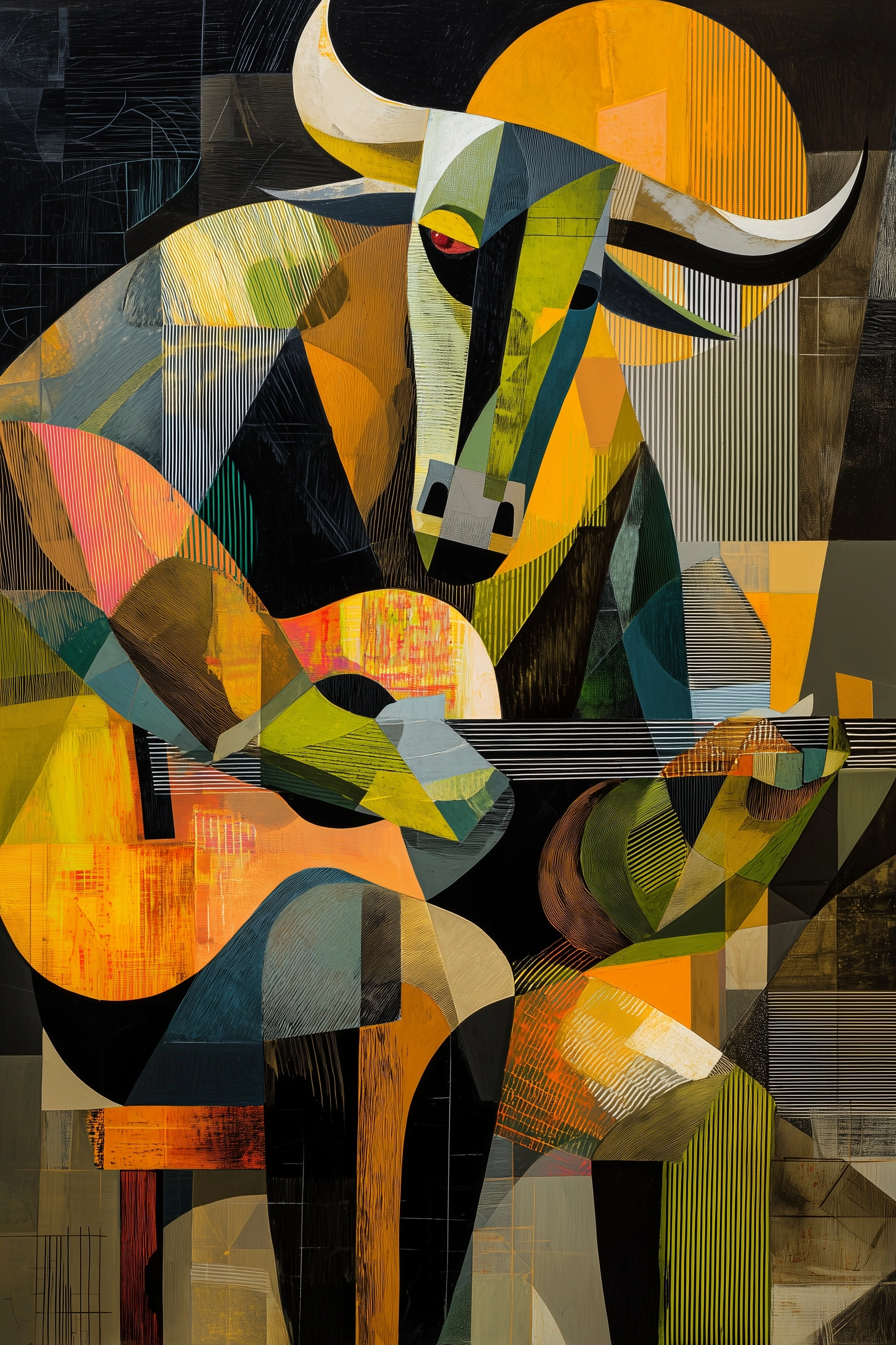 Baroque pop art painting of a minotaur sitting on a wooden chair while playing the guitar