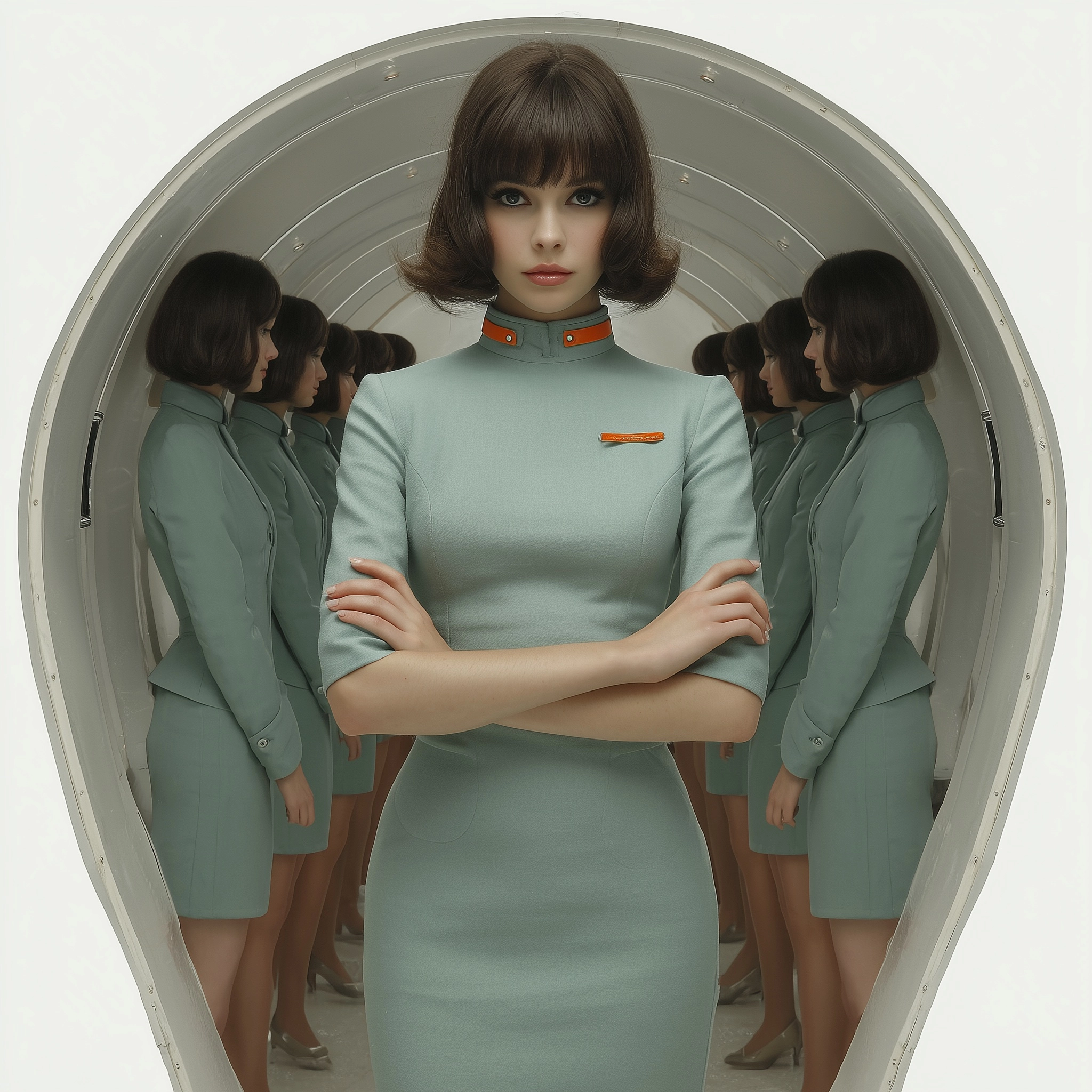 Beautiful 1960s retro futuristic jetson inspired space age work team photo of a brunette woman
