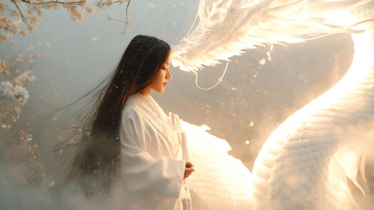 Beautiful spiritual japanese woman in flowing white kimono standing in soft mist