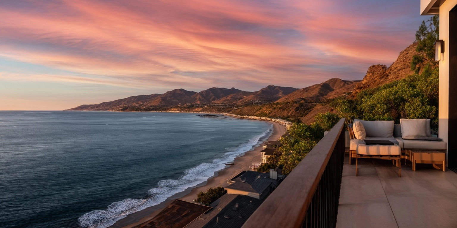 Beautiful view from the balcony of an oceanfront villa in malibu