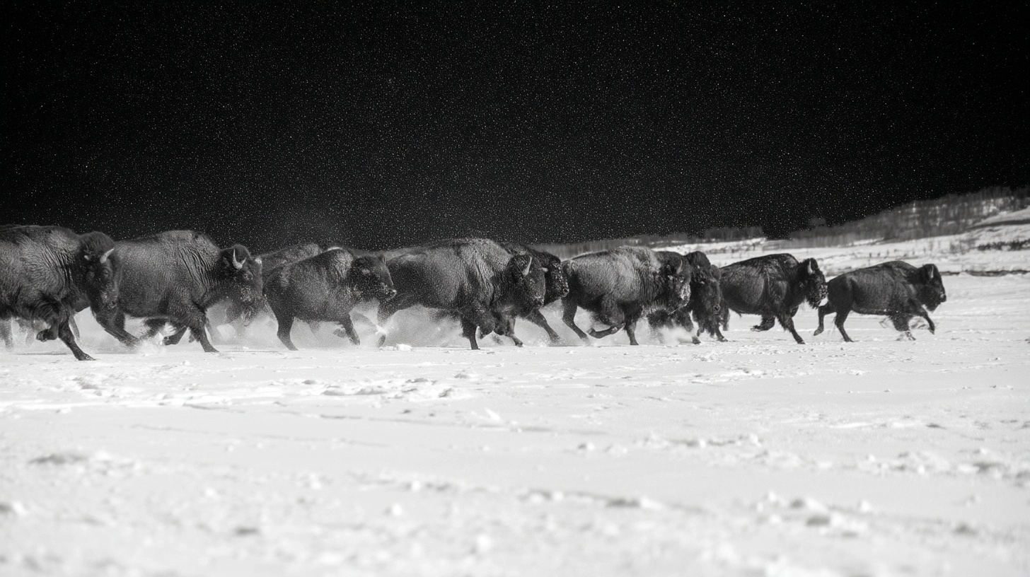 Black and white close-up portrait of a bison stampede running fast in the snow from the left to the