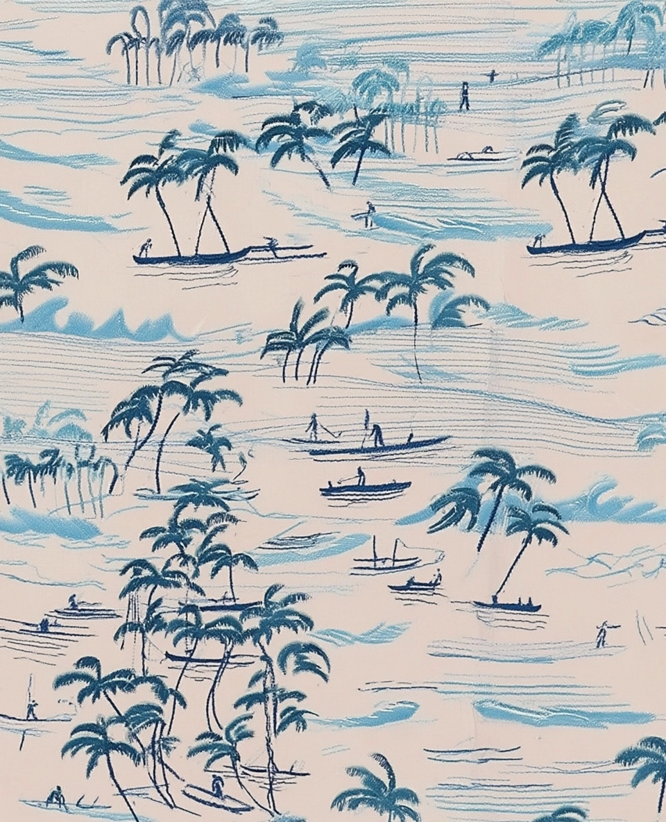 David Hockney modern resort style aloha seamless embroidery patten, waves and surfing